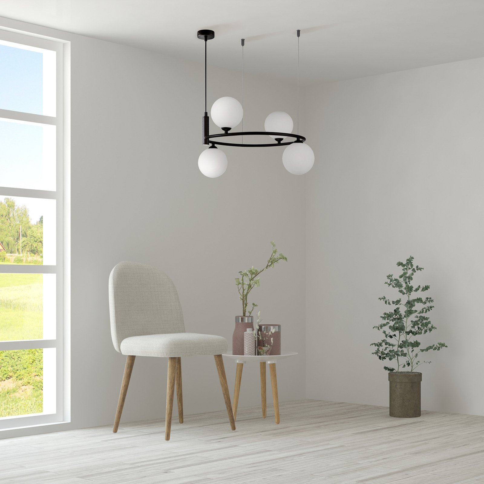 Maytoni hanging light Ring, black/white 4-bulb glass 44 x 39 cm