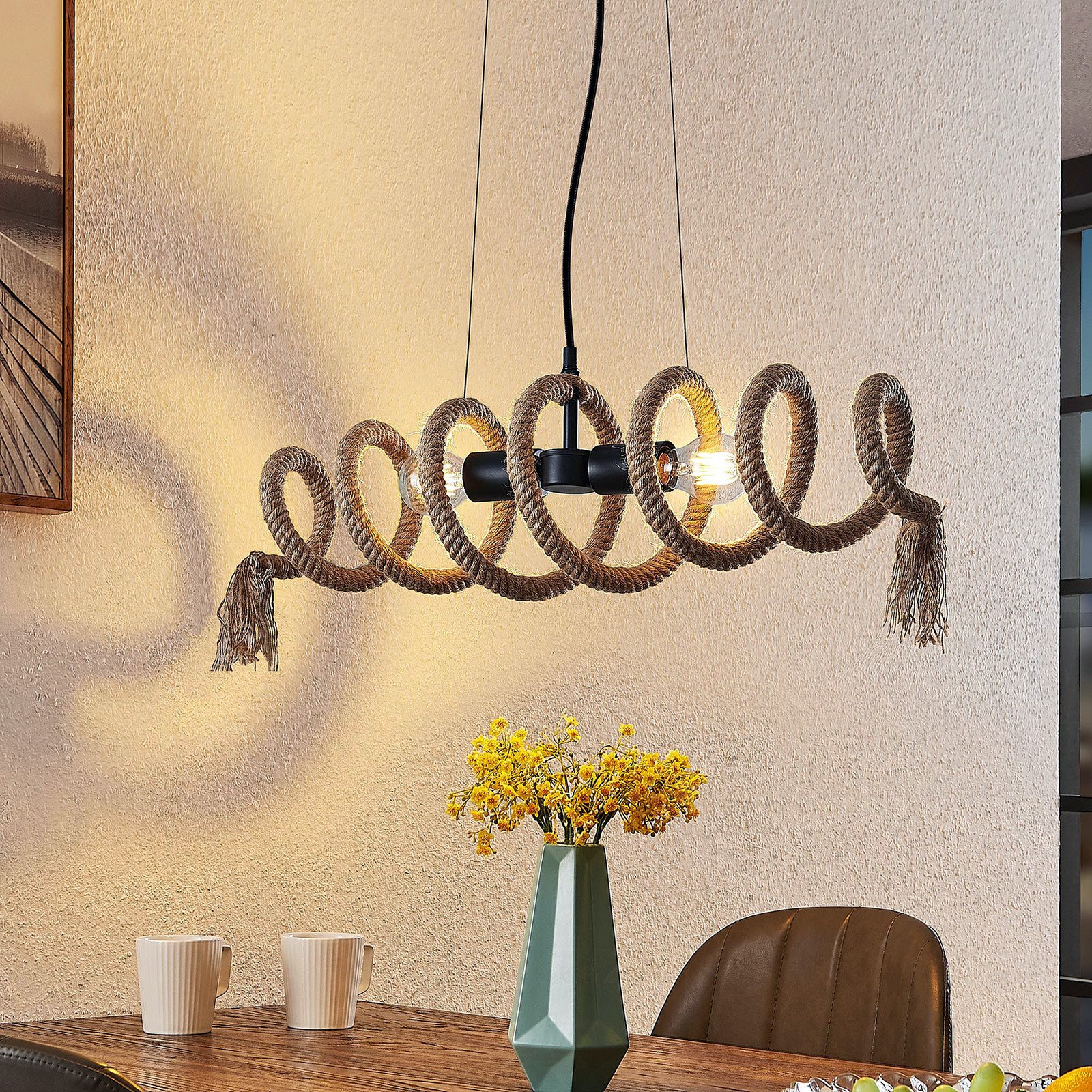 Lindby Aisa lampă cu spirală din frânghie cânepă - Camera de zi / sufragerie - Vintage - maro negru - Metal