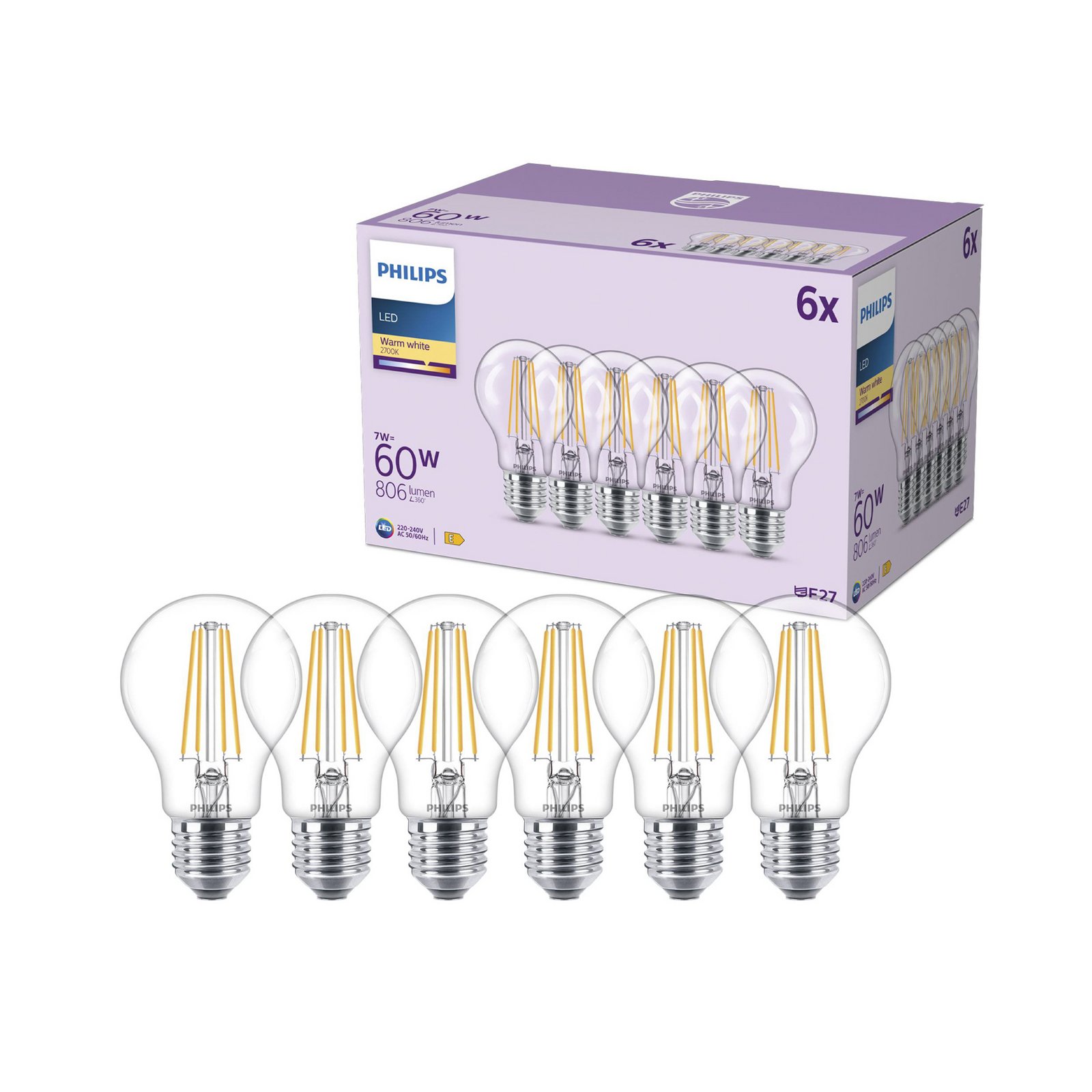 Philips LED-pære E27 A60 7W 806lm 2700K filament 6-pak