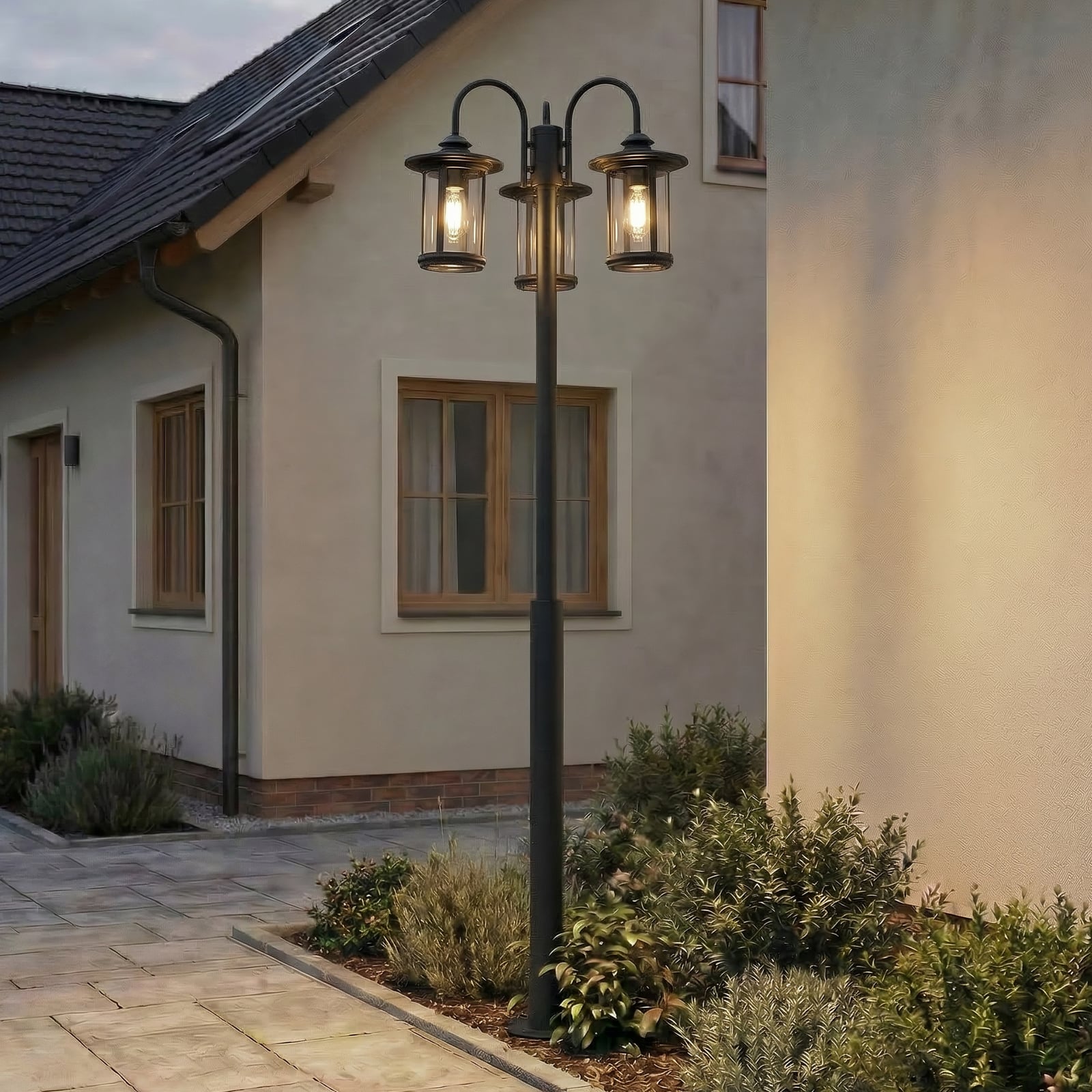 Zayn Außenleuchte, Glas, Höhe 220 cm, dreiflammig, schwarz, IP65 - Lindby