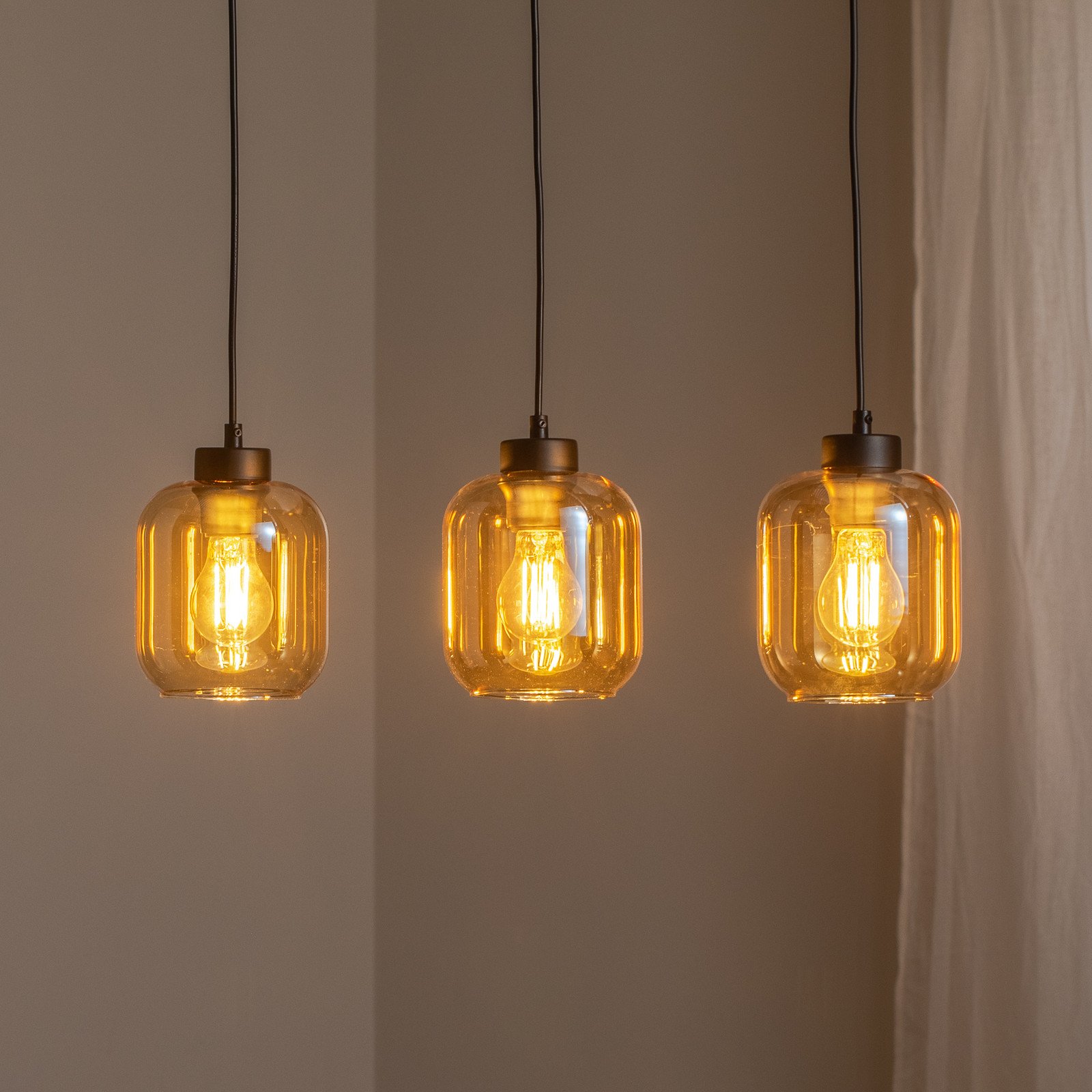 Eko-Light Lampă suspendată Sombra chihlimbar 3 becuri alungită - Camera de zi / sufragerie - chihlimbar negru - Sticlă