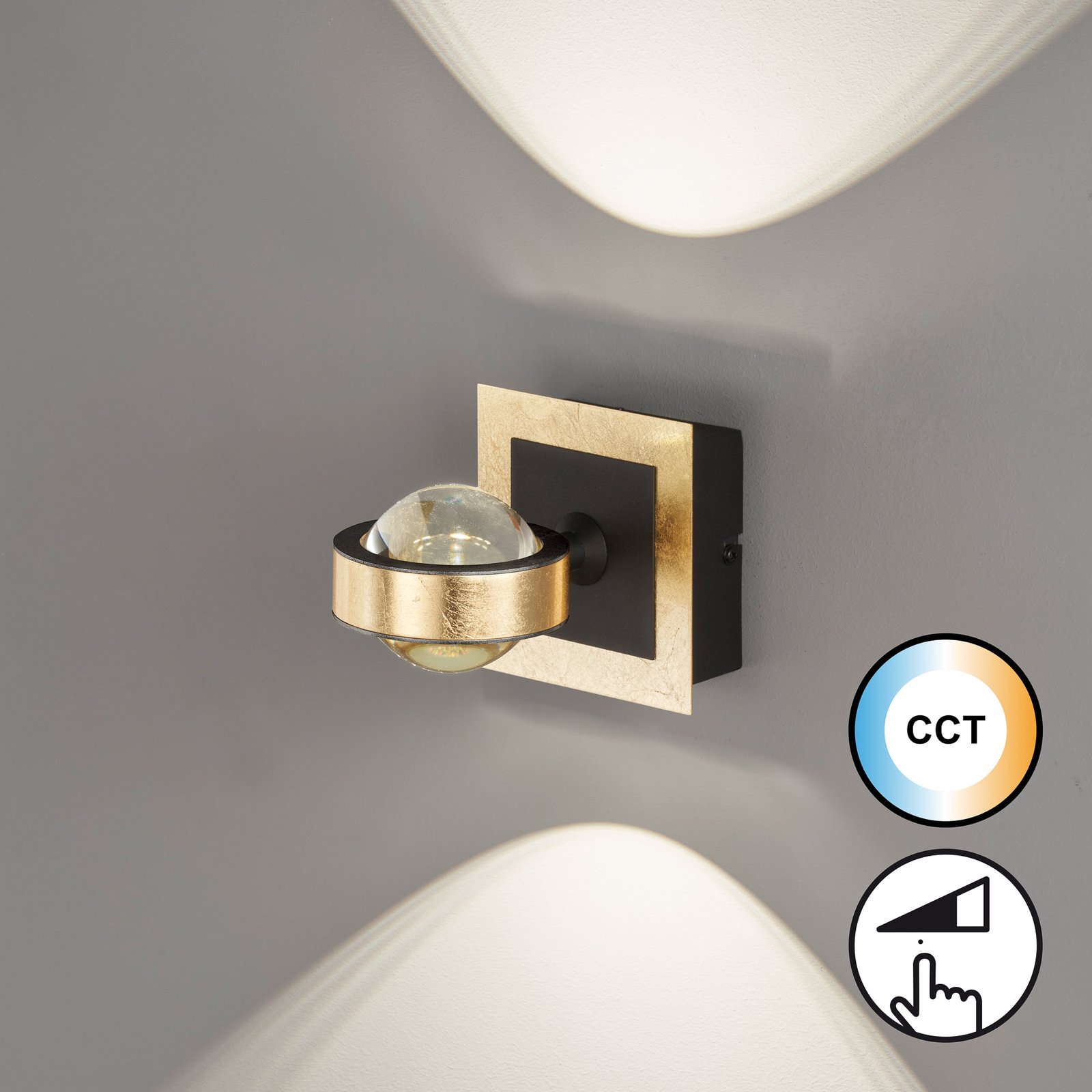 LED лампа за стена Cluedo, златист цвят, ширина 12 см, метал, CCT