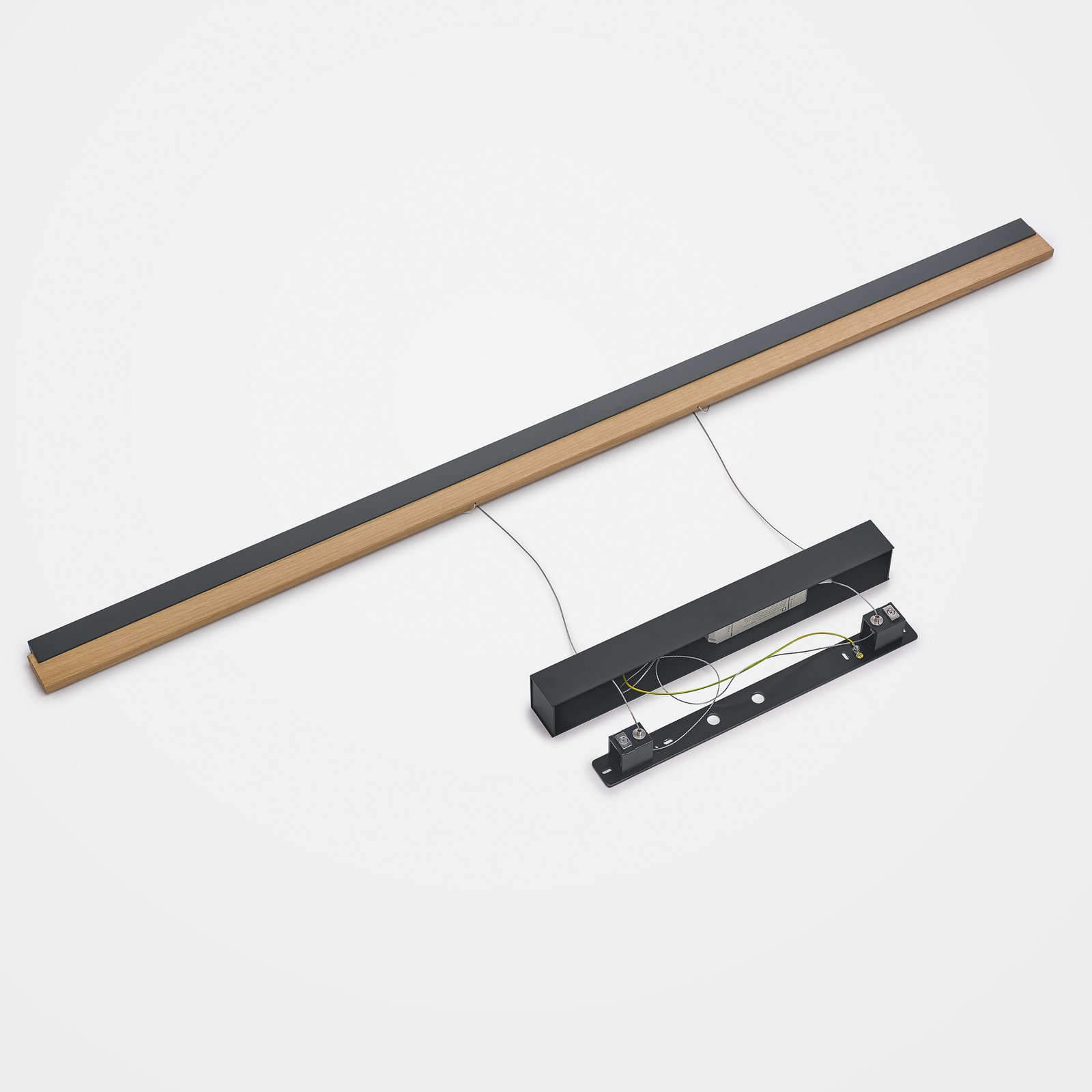 Quitani Suspension LED Keijo, noir/chêne, longueur 143 cm