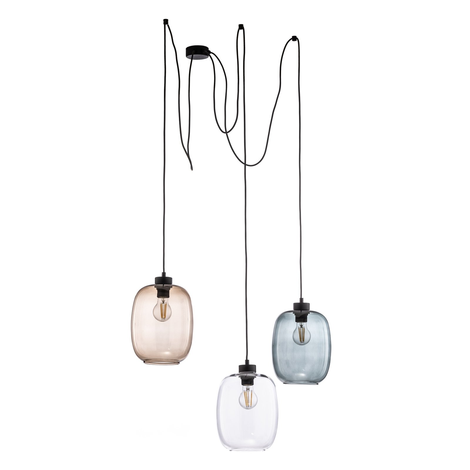 Elio pendant light, glass, brown/clear/grey, 3-bulb, decentralised