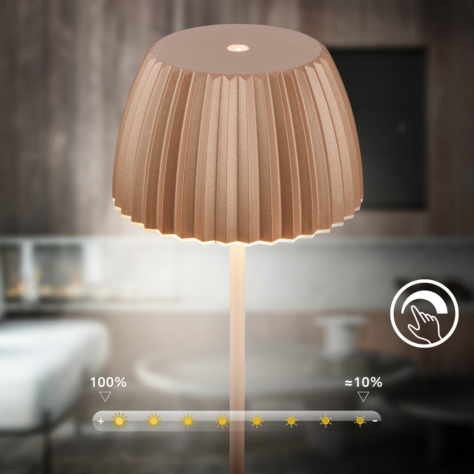 LED tafellamp Loca, bruin, hoogte 36 cm, metaal/kunststof
