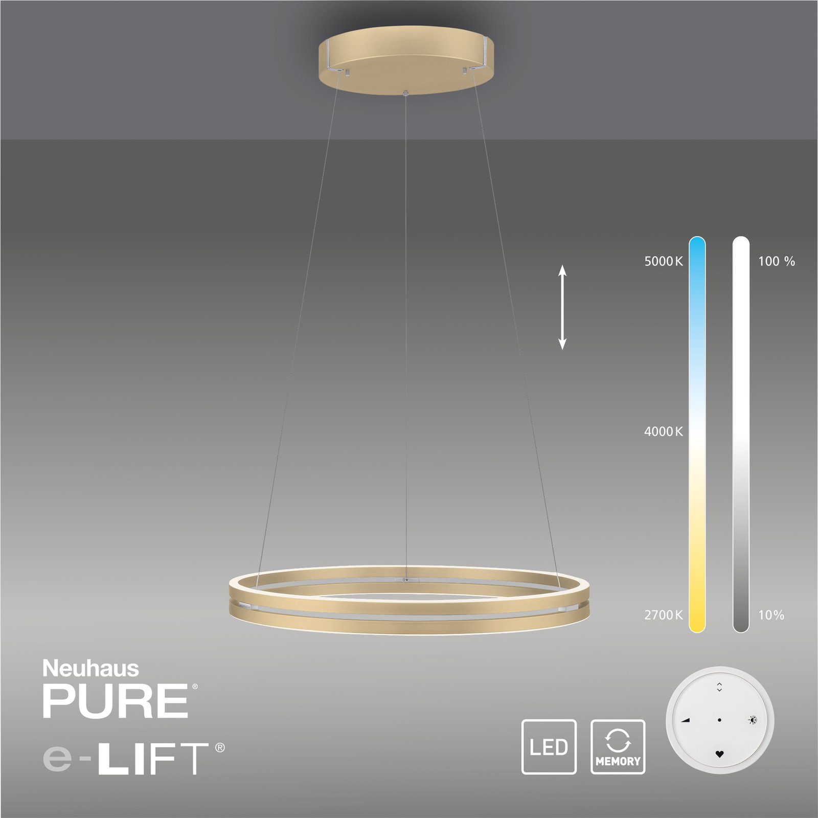 PURE E-Loop LED závesné svietidlo, CCT, zlatá