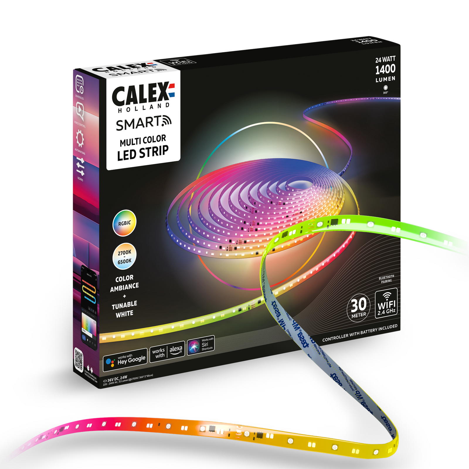 Bandă LED inteligentă Calex, lungime 30 m, RGB, telecomandă CCT