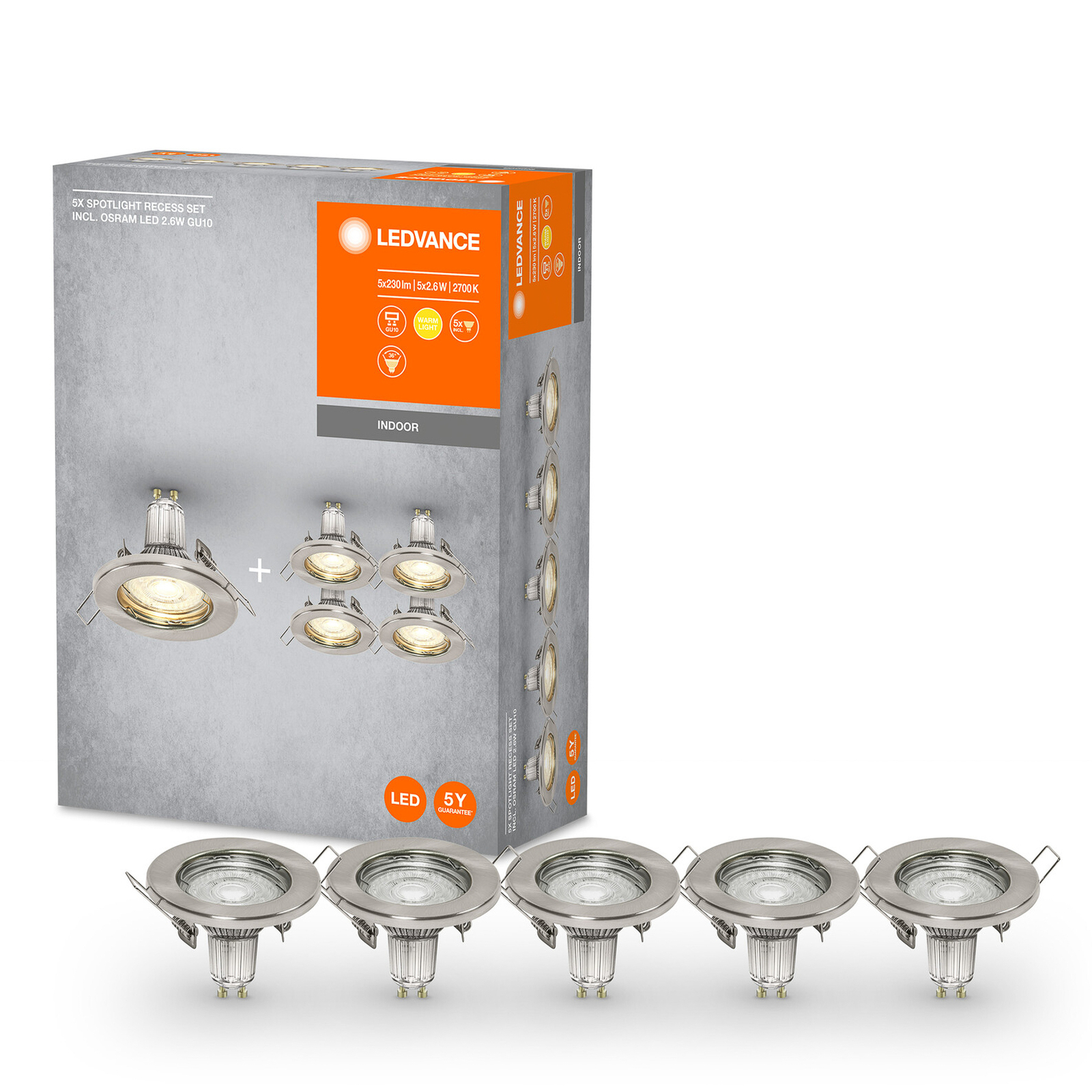 LEDVANCE LED inbouwspot GU10 Recessed per 5 nikkel