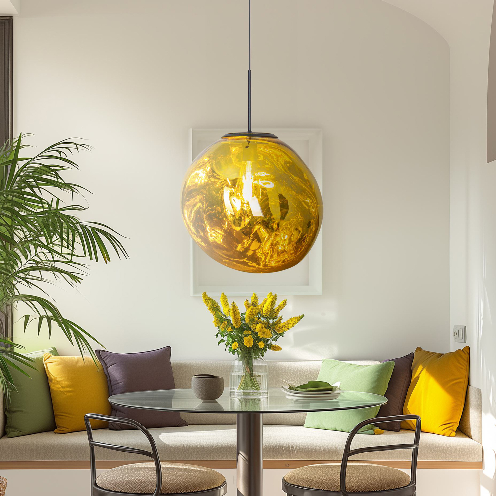 Canopus pendant light, gold-coloured, Ø 36 cm, glass, E27