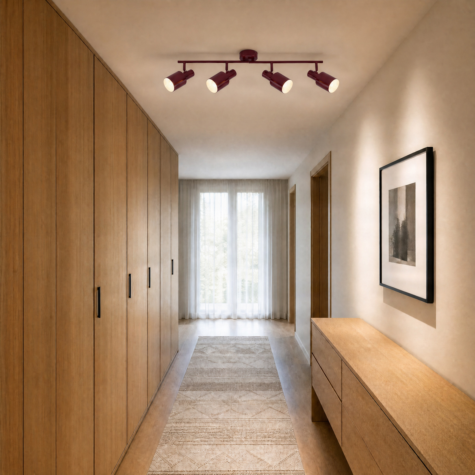 Spot pour plafond Lindby Ovelia, rouge foncé, 80 cm, à 4 lampes, E27