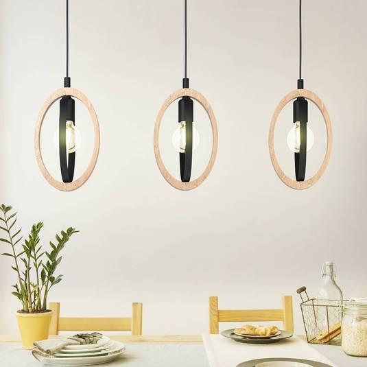Suspension Basildon détails bois 3 lampes linéaire Luminaire.fr