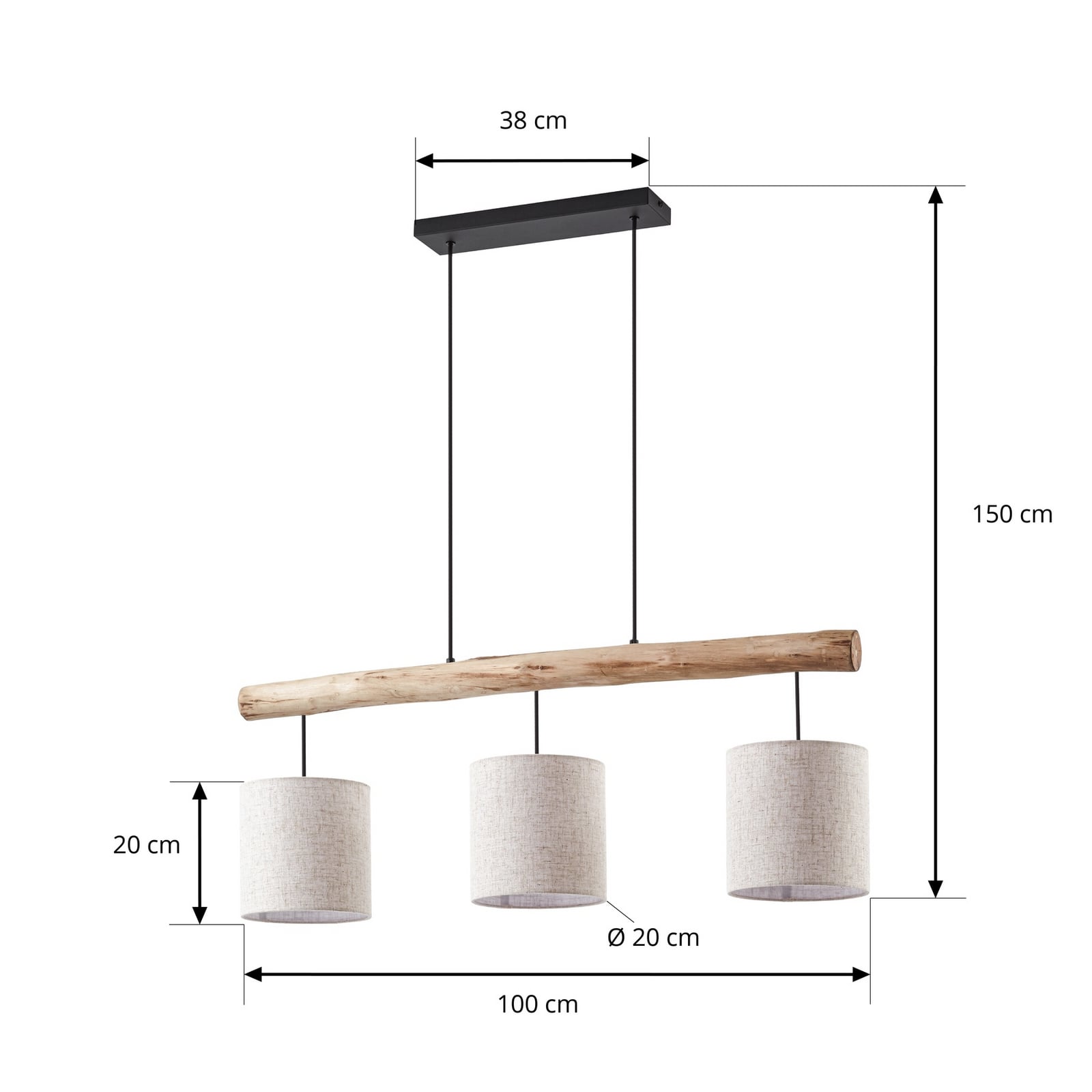 Lucande hanglamp Jorvan, 3-lamps, 100 cm, hout/textiel