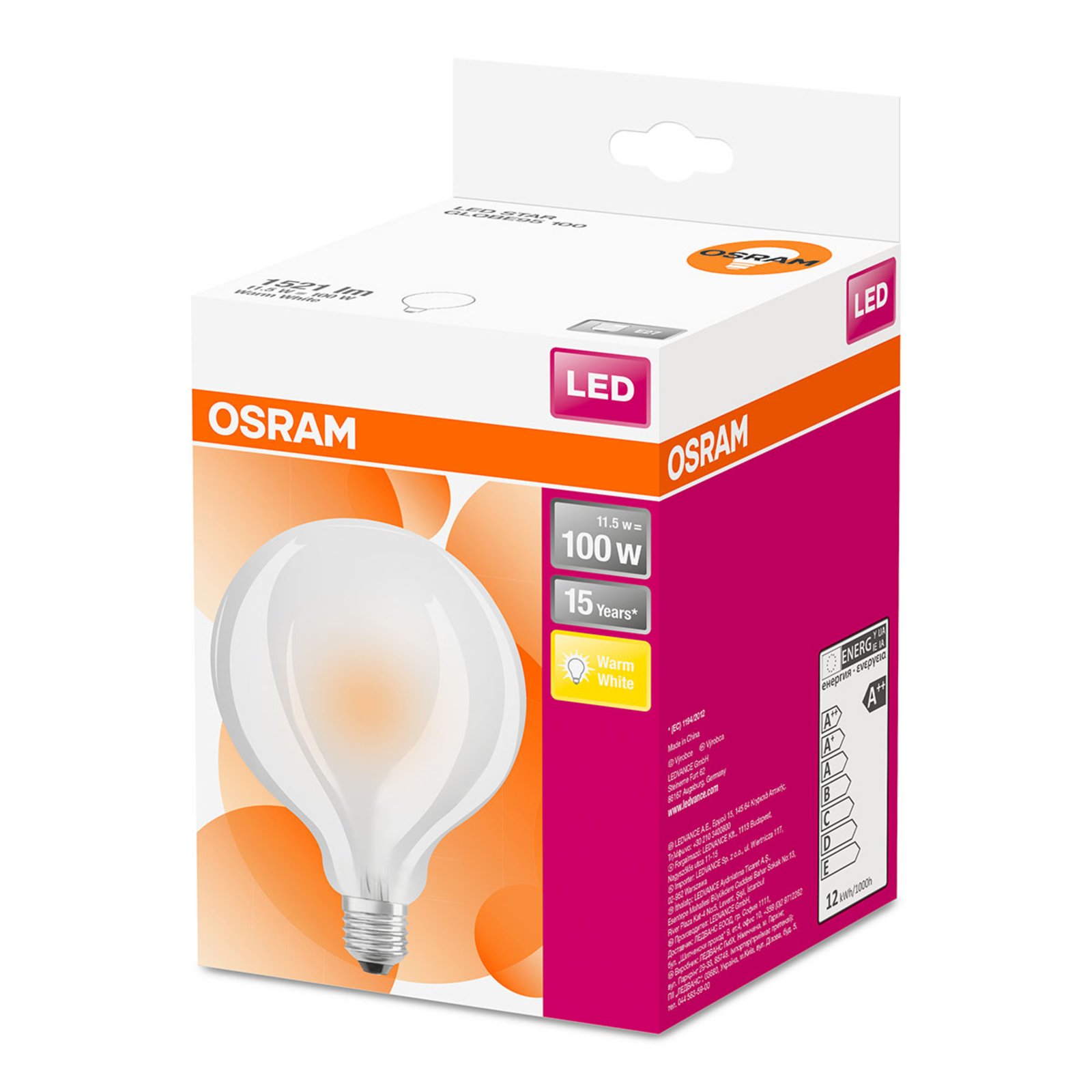 LED-globelamppu G95 E27 11W lämmin valk. 1521 lm