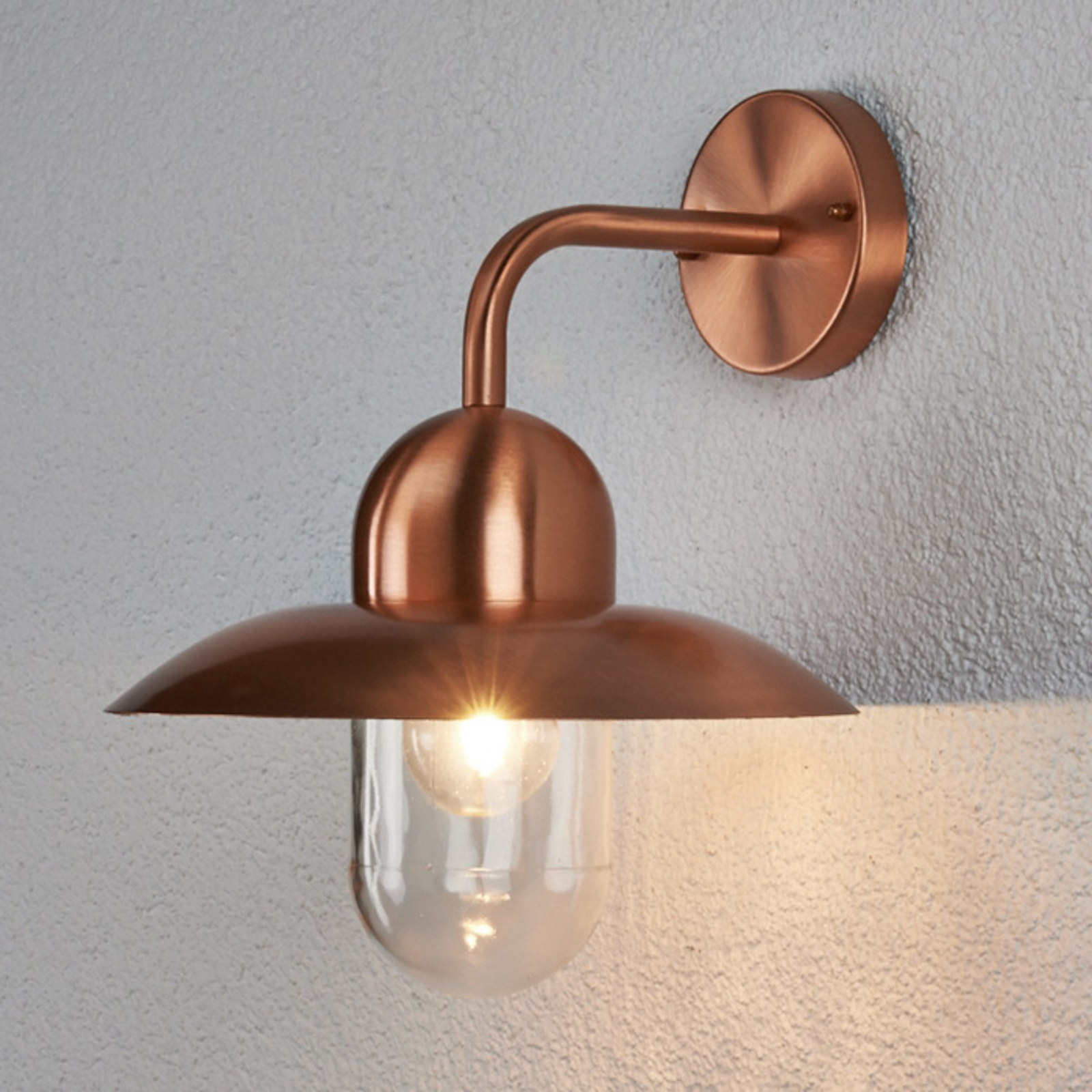 Lindby Camila wall light for outdoors, copper-coloured, metal, glass, E27, 60 W, energy efficiency: A++, W: 27 cm, H: 33.5 cm