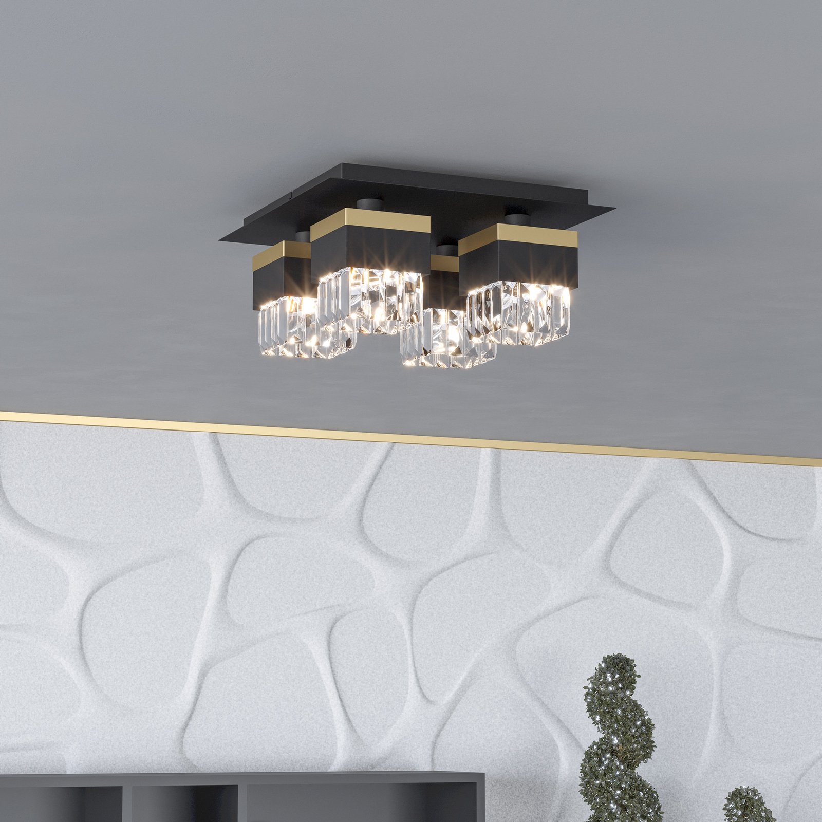 Barrancas ceiling lamp, black/gold, crystal glass
