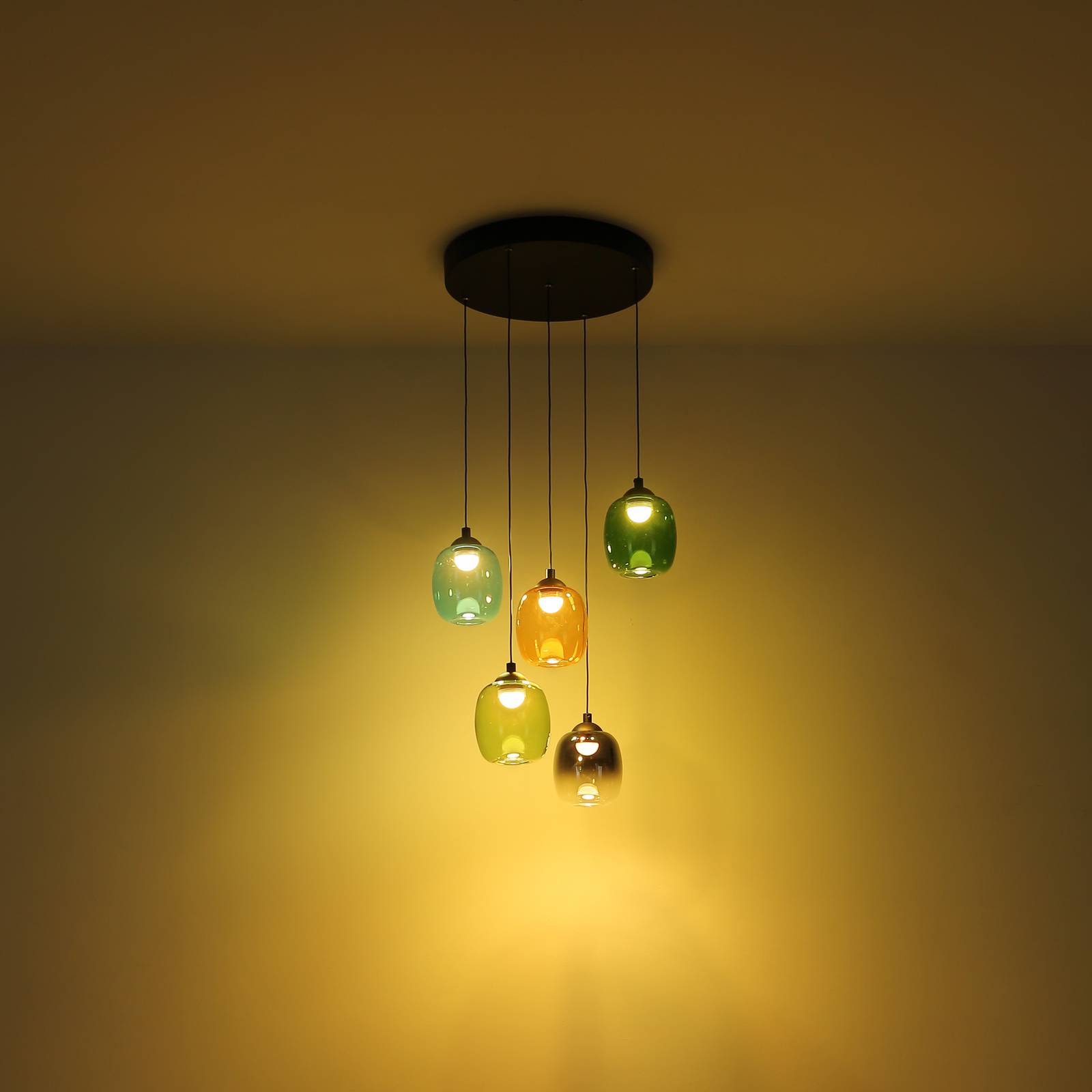 LED-Hängeleuchte Minara, 5-flg, Ø 43 cm, bunt, Glas günstig online kaufen
