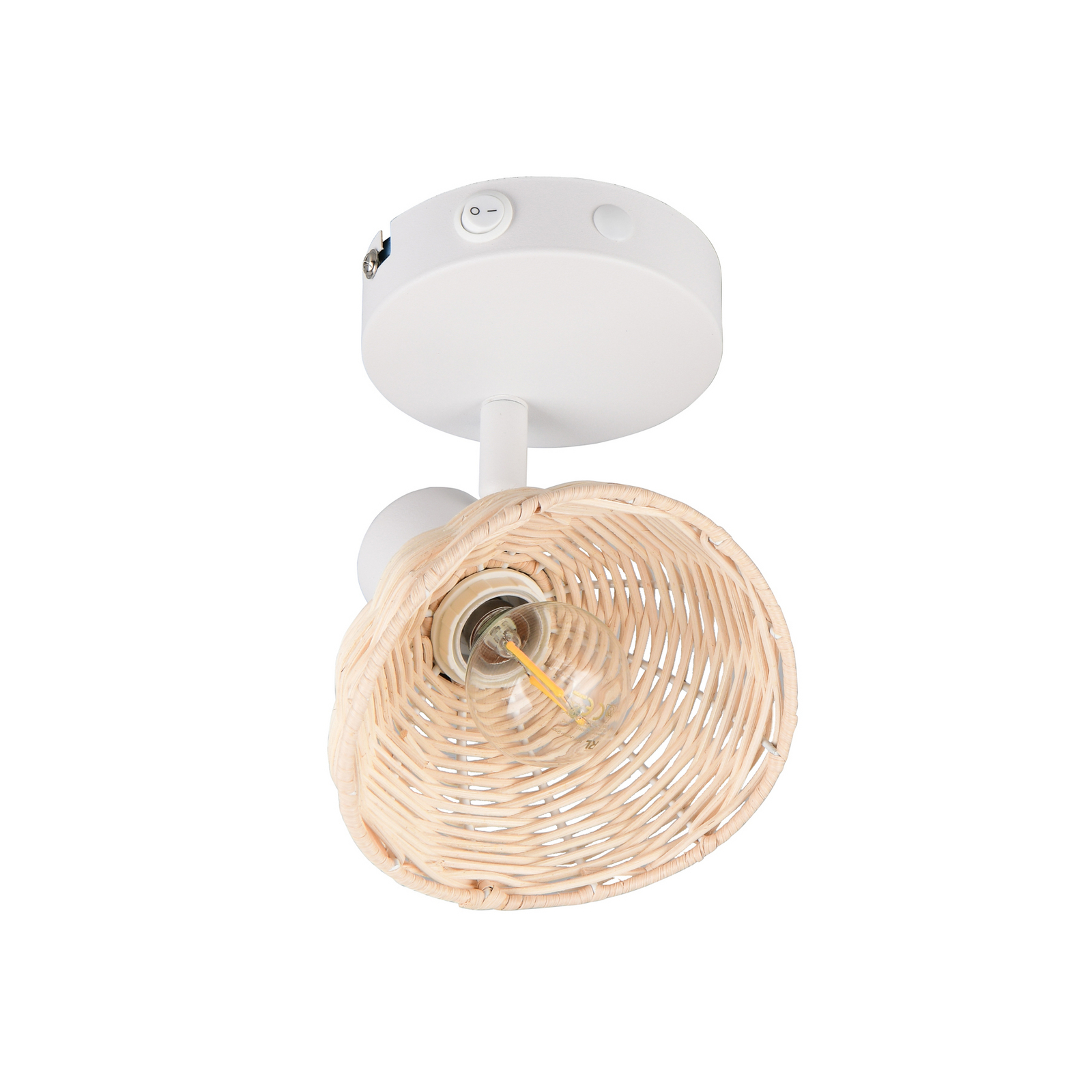 Aplică de perete Calvi, albă, ratan natural, Ø 13 cm, întrerupător