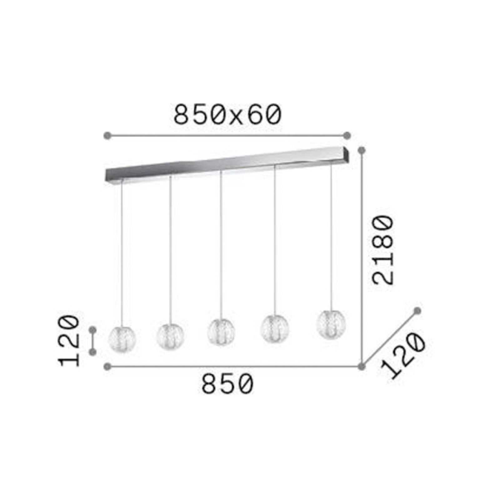 Ideal Lux LED hanging light Diamond 5-bulb, chrome-coloured/clear