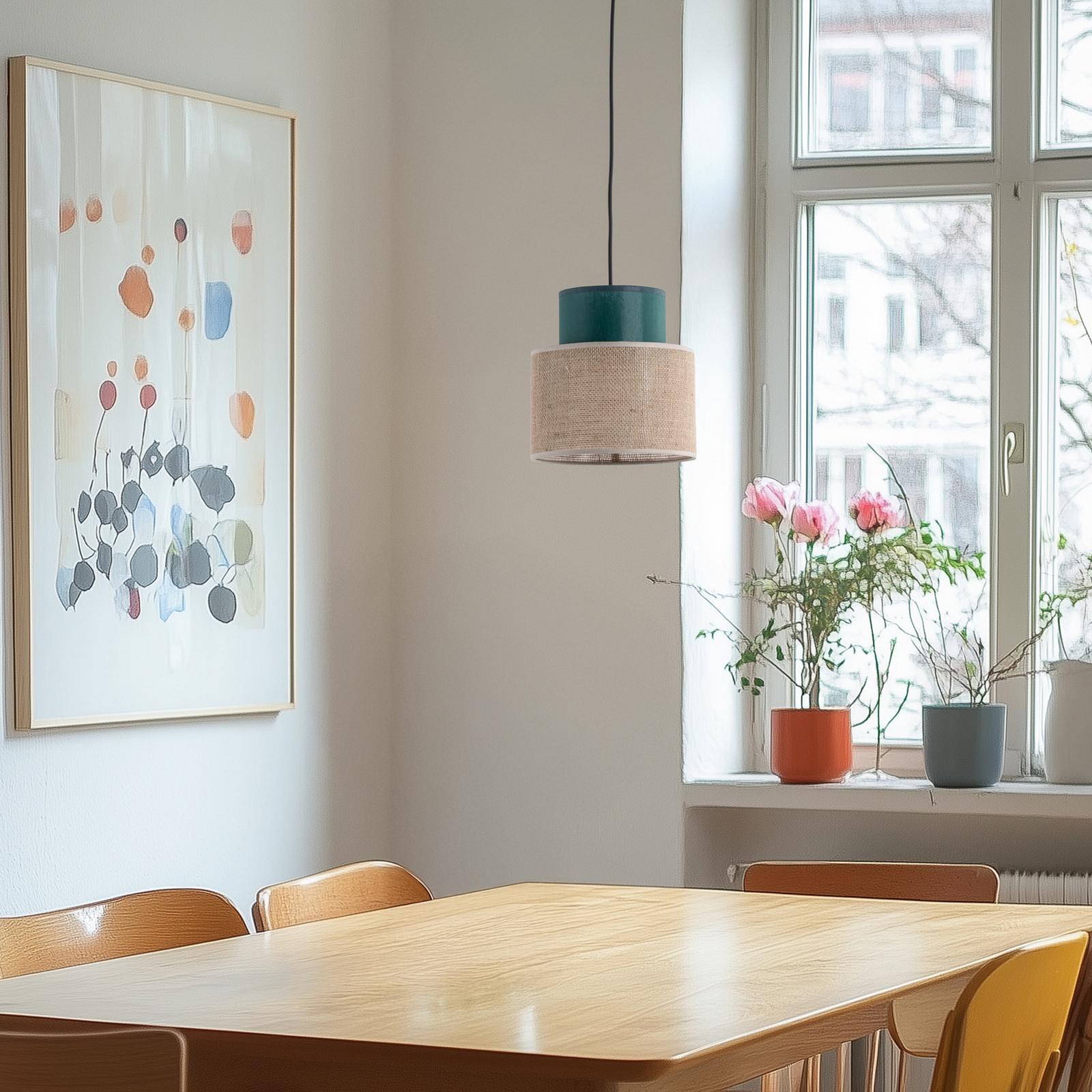 Lampa wisząca Duo, klosz z juty, petrol/naturalny brąz, Ø 20 cm
