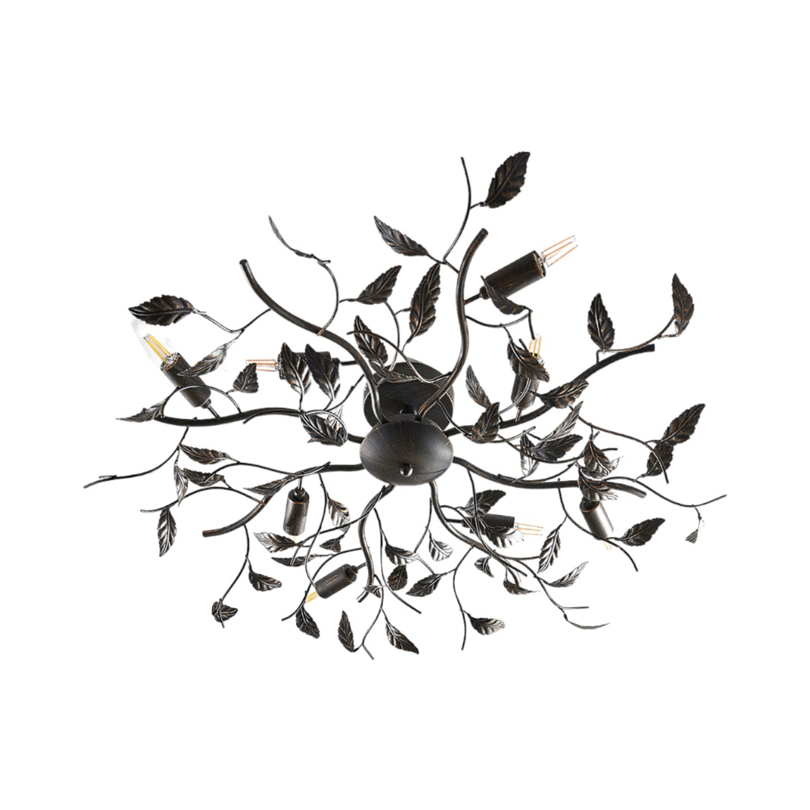 Stropní lampa Yos v dekoru listů, 8bodová, černá