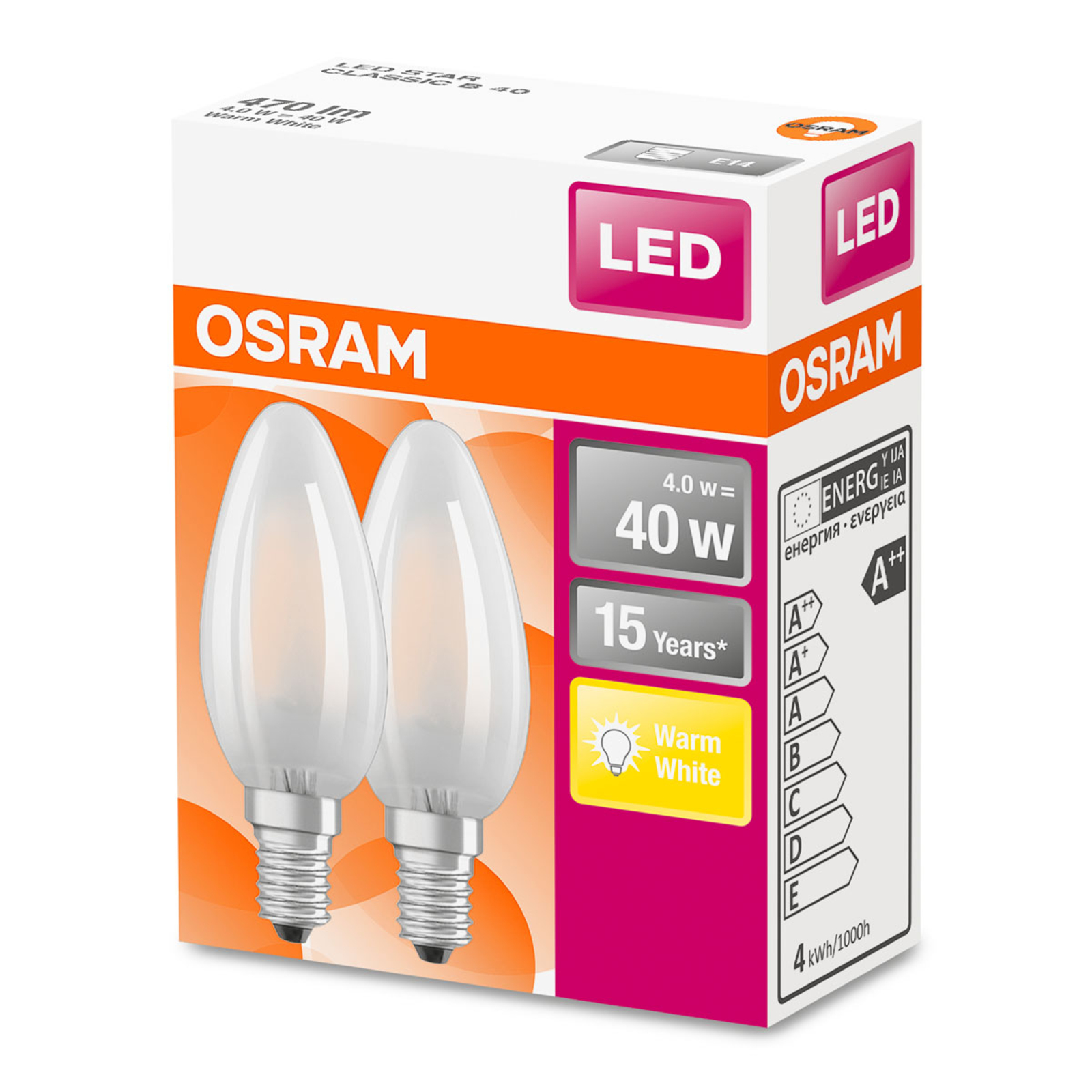 OSRAM LED-mignonpære E14 4 W varmhvit 2-pakk