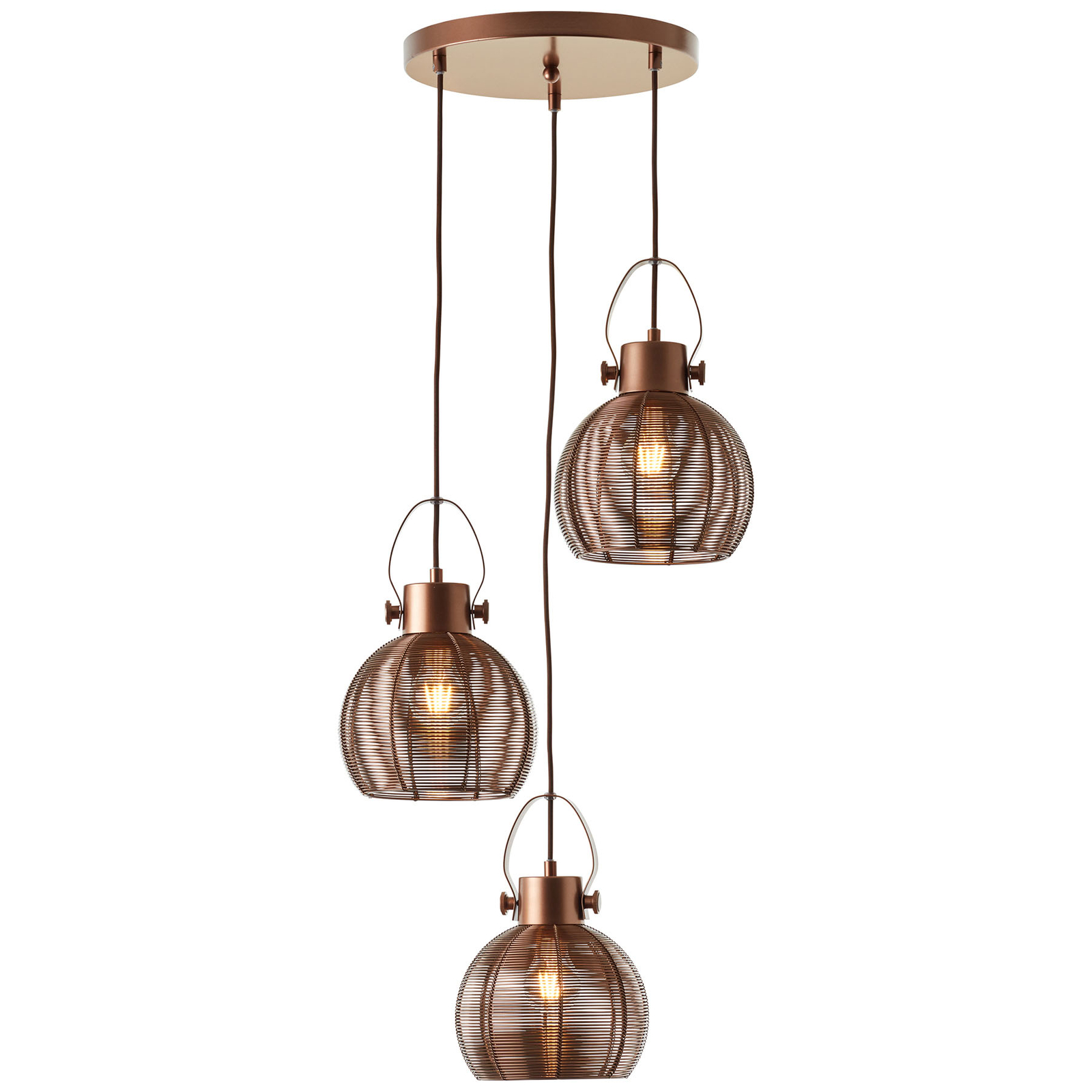 Brilliant Sambo hanging light, round base, 3-bulb, brown, for Living / Dining Room, metal, E27, 60 W, energy efficiency: A++