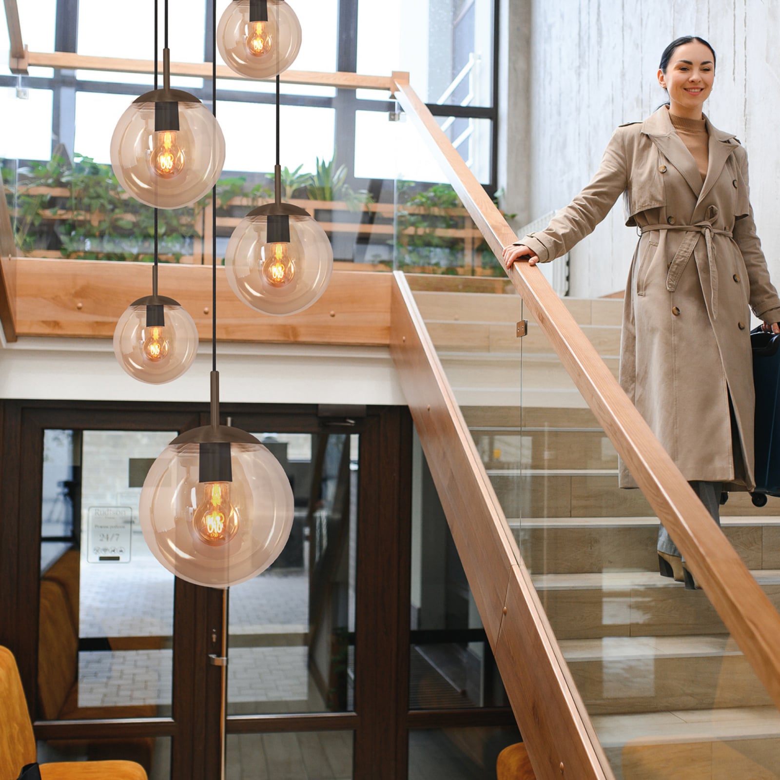 Suspension Bollique, marron/ambre, verre, à 5 lampes