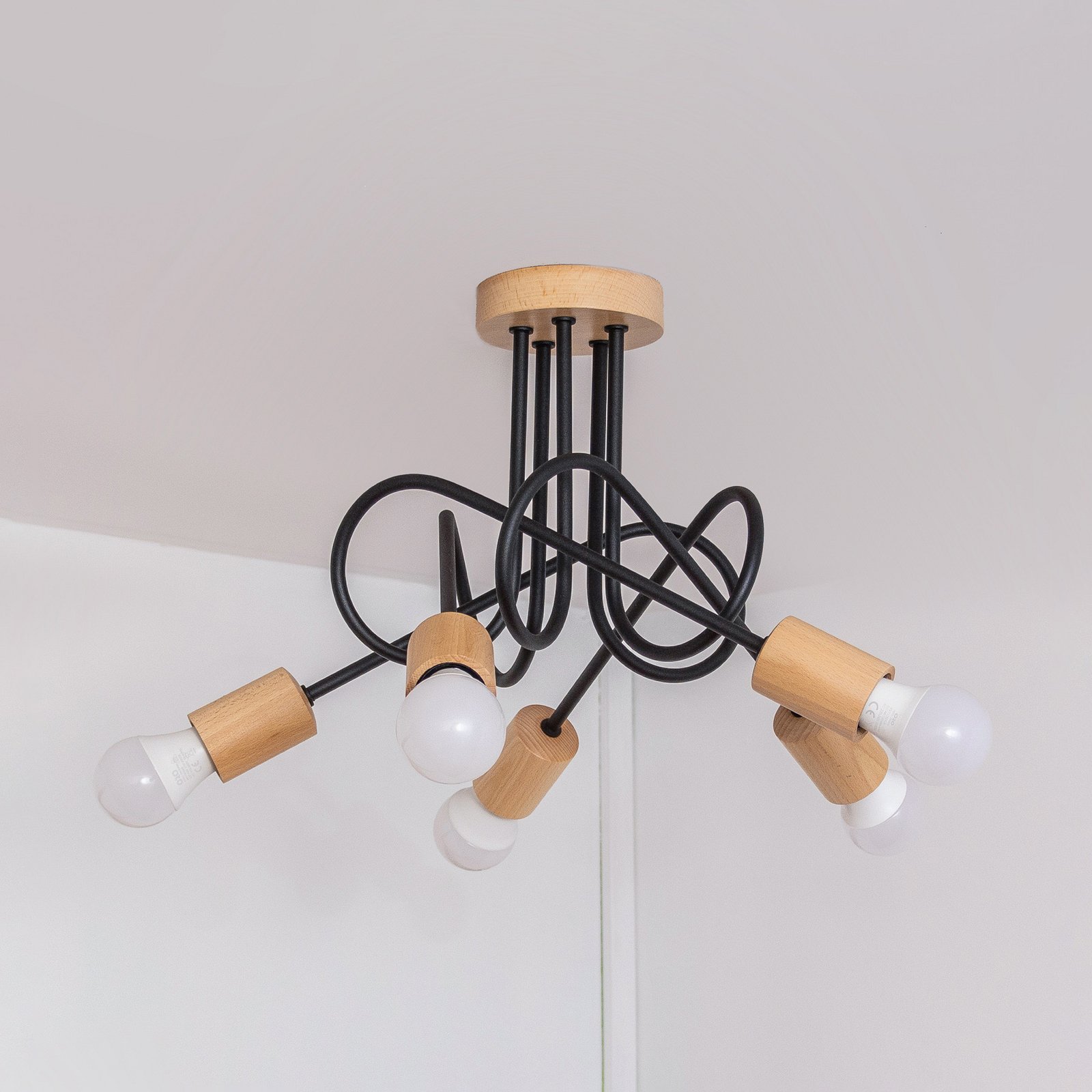 Plafonnier Oxford, noir, bois, métal, à 5 lampes, Ø 47 cm