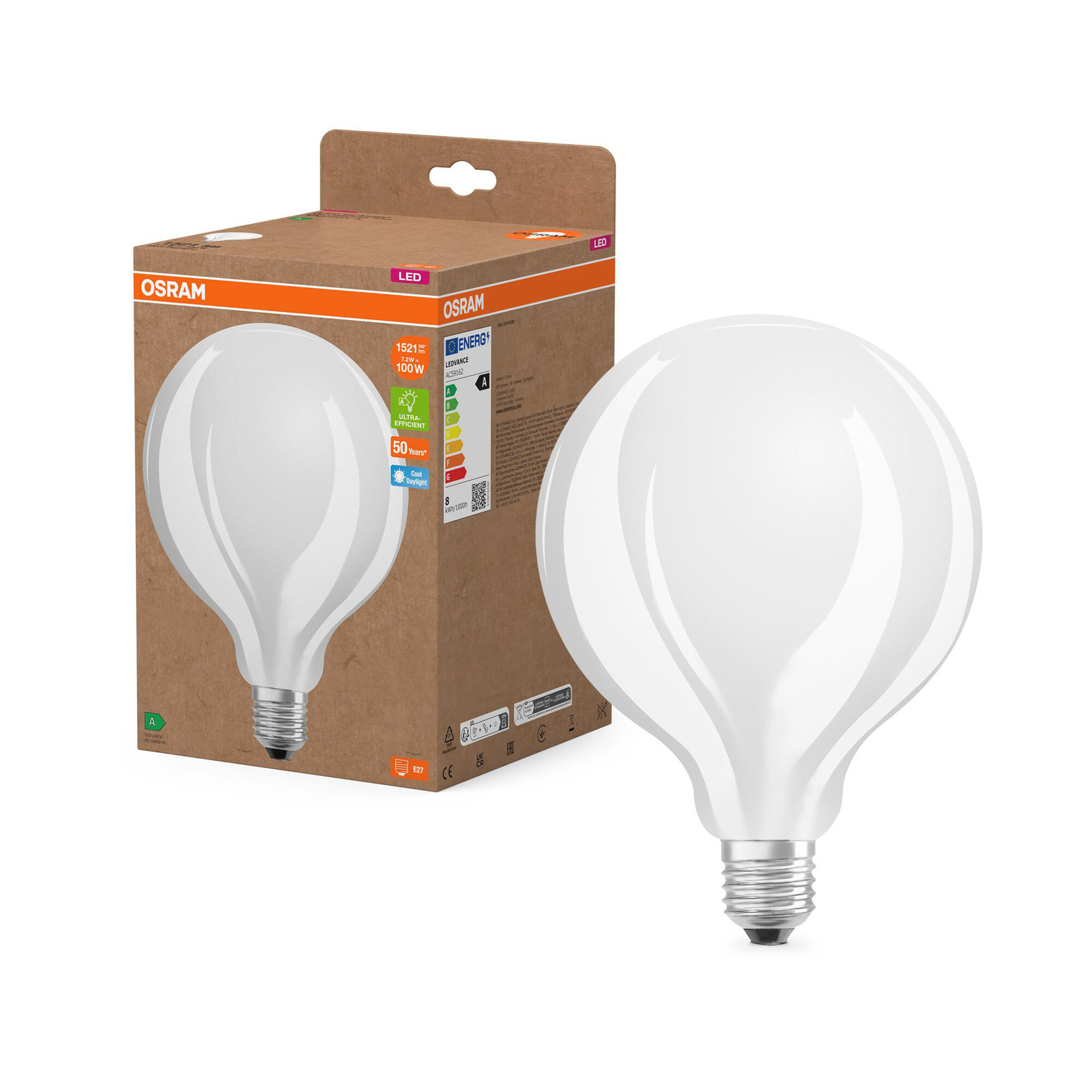 OSRAM LED žárovka Globe G125 E27 7,2W matná 6500K