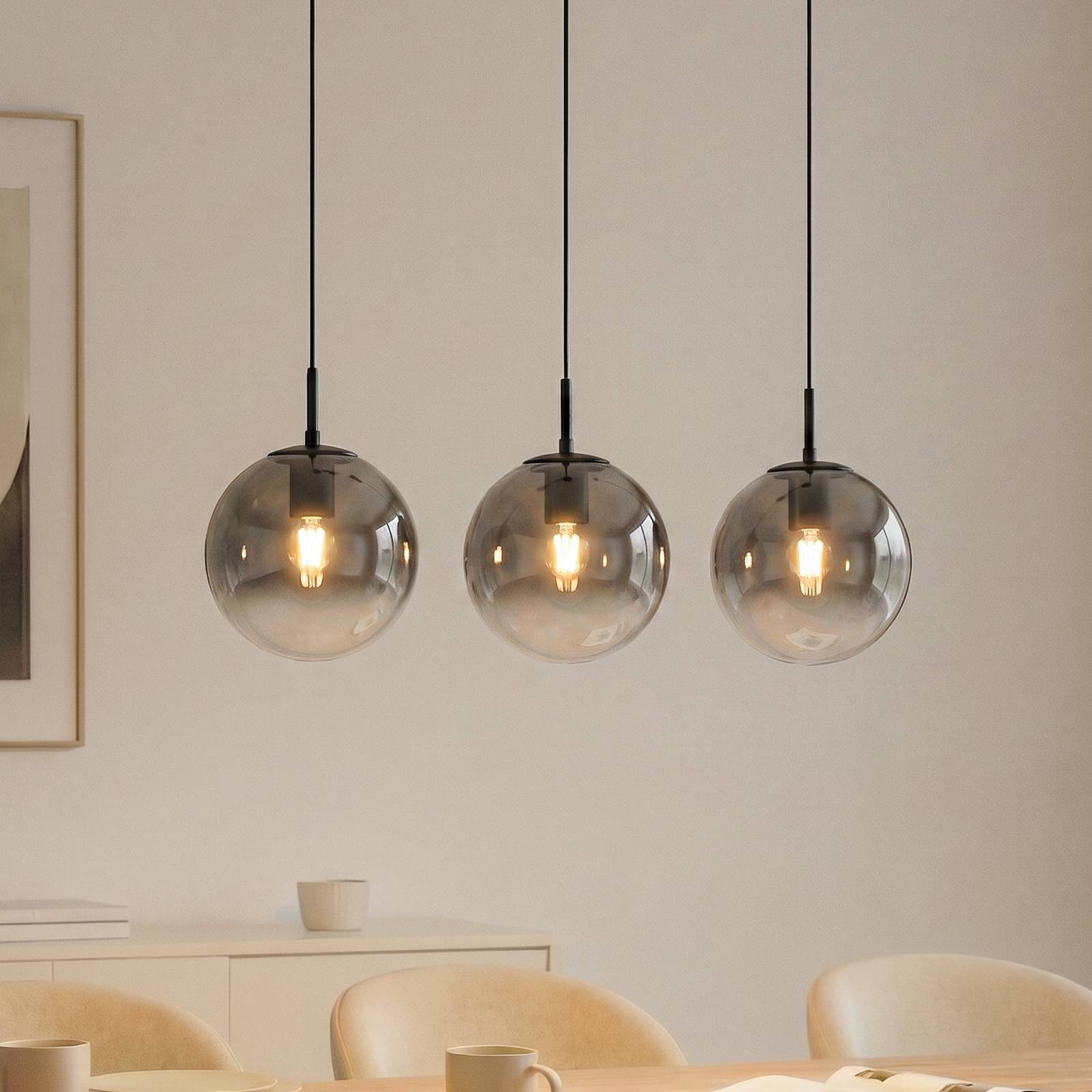 Suspension Lucande Veloura, à 3 lampes, 84 cm, verre, bois