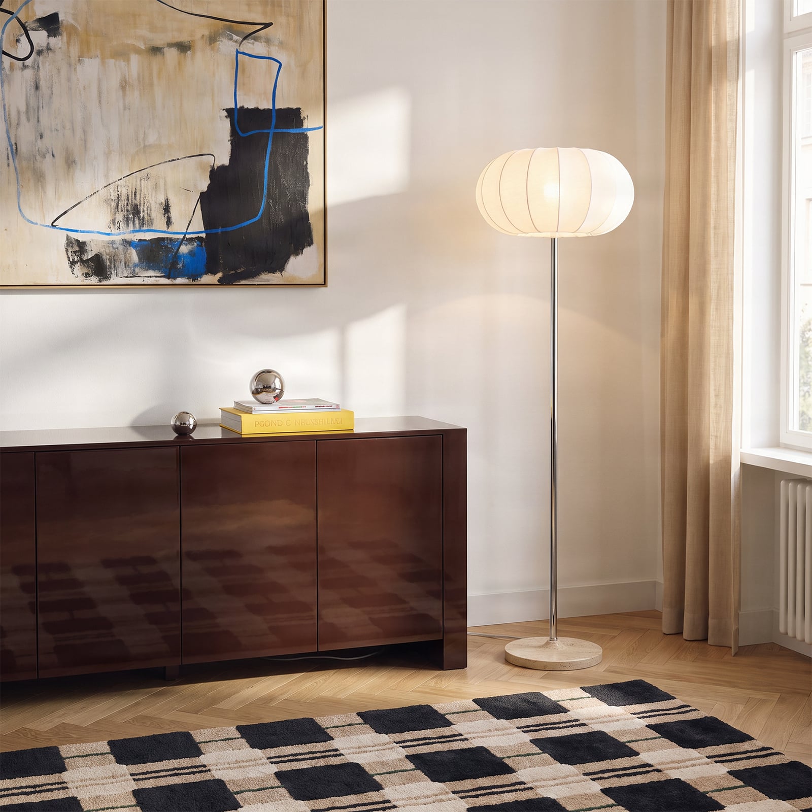 Elovie Floor Lamp, natural/chrome, fabric/travertine, 160cm - NOLA Elovie Floor Lamp, natural/chrome, fabric/travertine, 160cm - NOLA