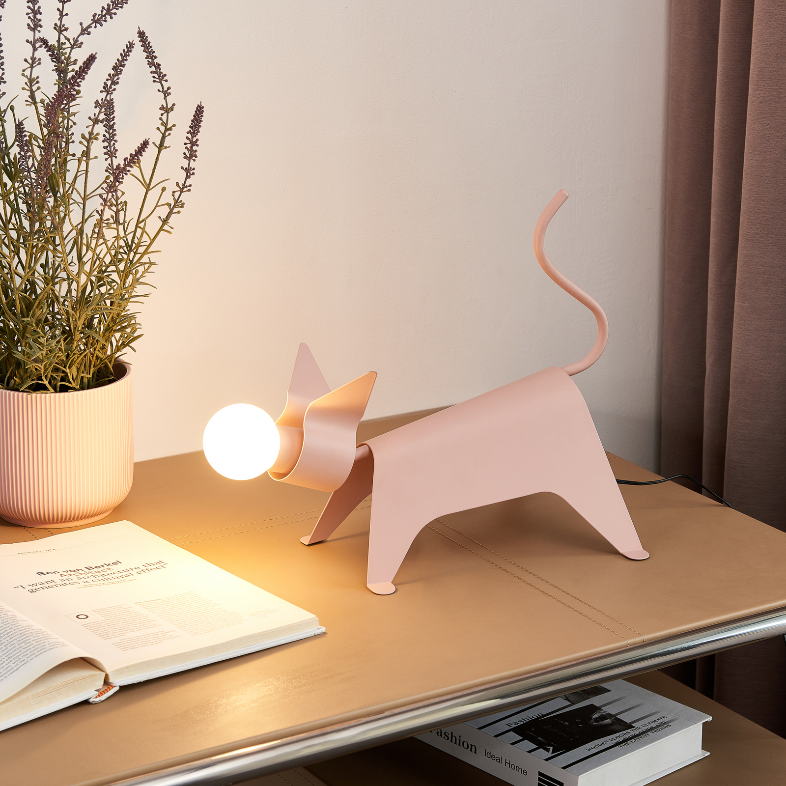 Lucande Idalina lámpara de mesa LED, gato, rosa