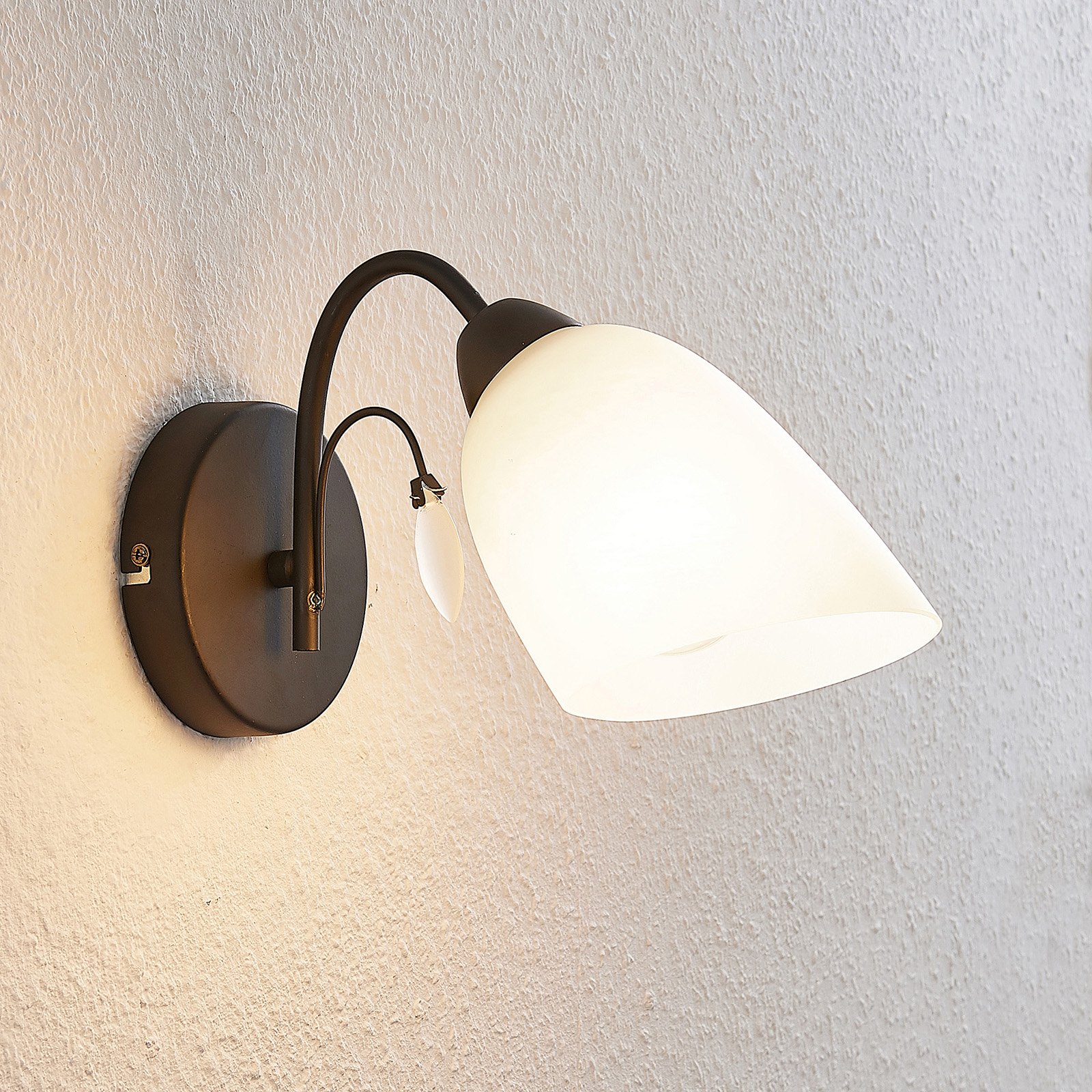 Lindby Amgad wall light, black frame, for Living / Dining Room, glass, steel, E27, 60 W, energy efficiency: A++, W: 12 cm, H: 17 cm