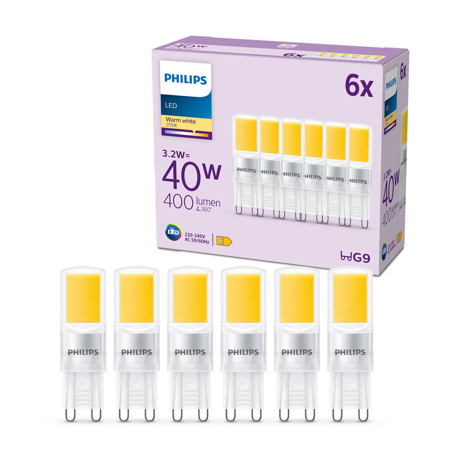 Philips-LED-lamppu G9 3,2W 400lm 2700K kirkas 6kpl