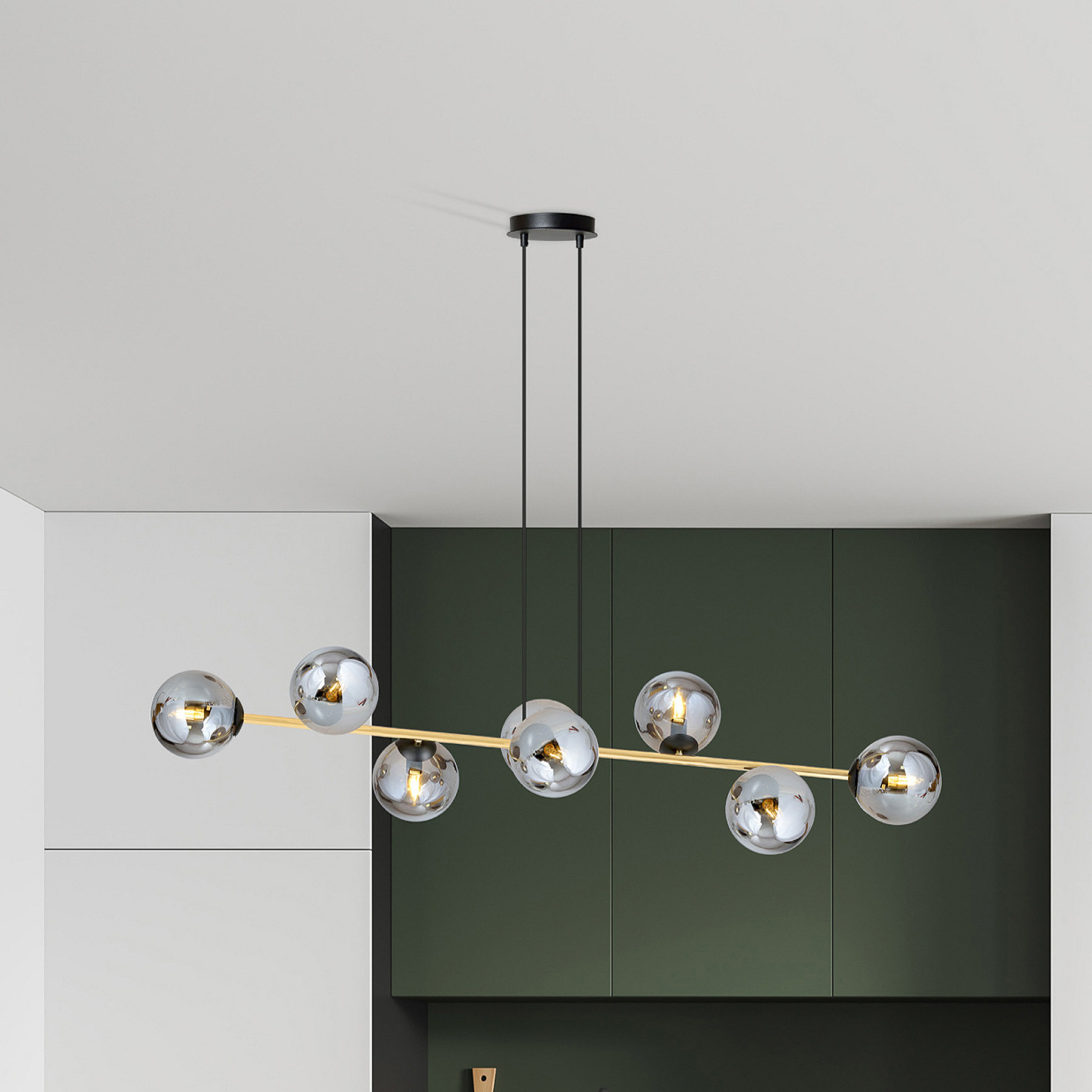 Hængelampe Glassy, 8 lyskilder, sort/guld/grafit