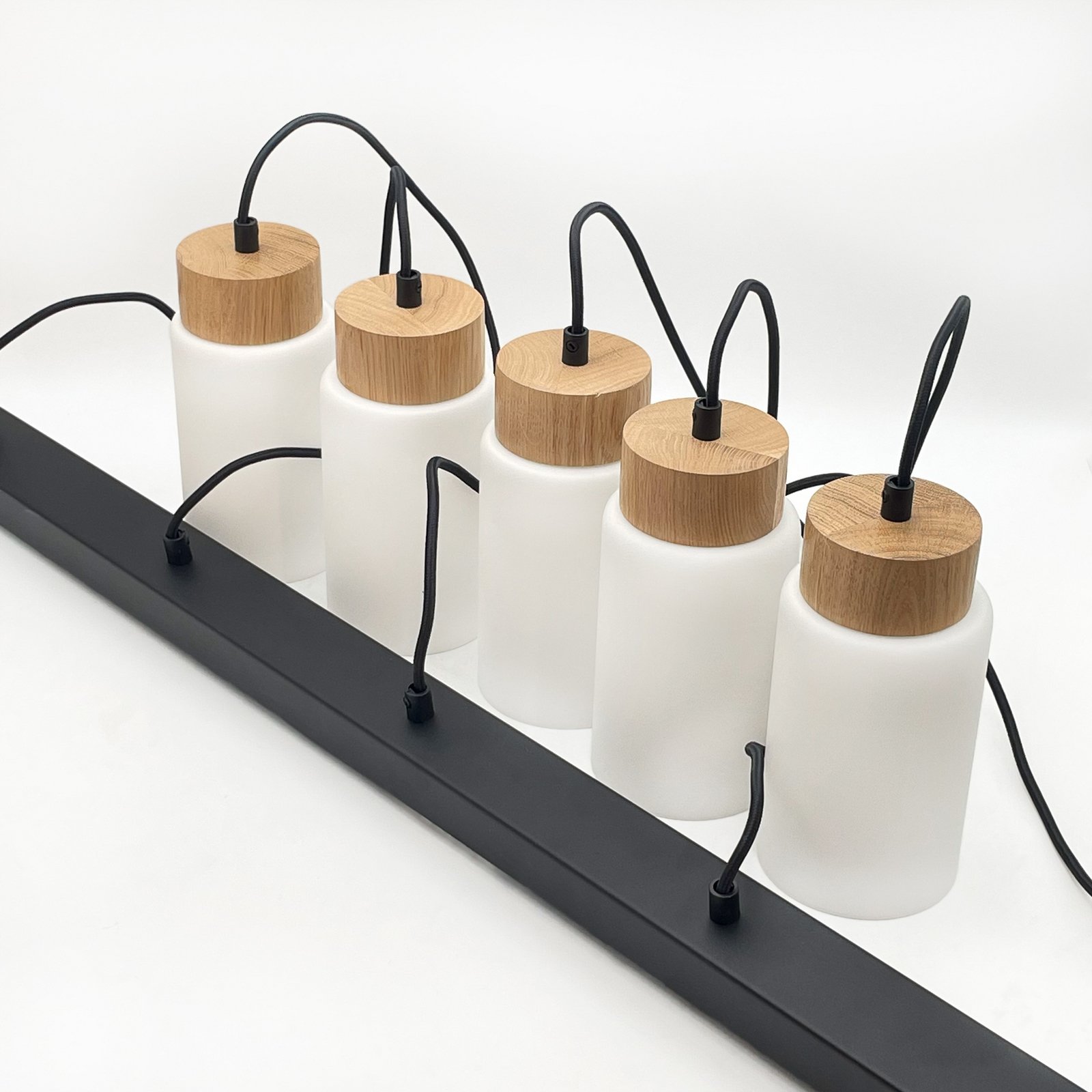 Markus pendant light, opal glass/oak wood, length 100 cm, 5-bulb.