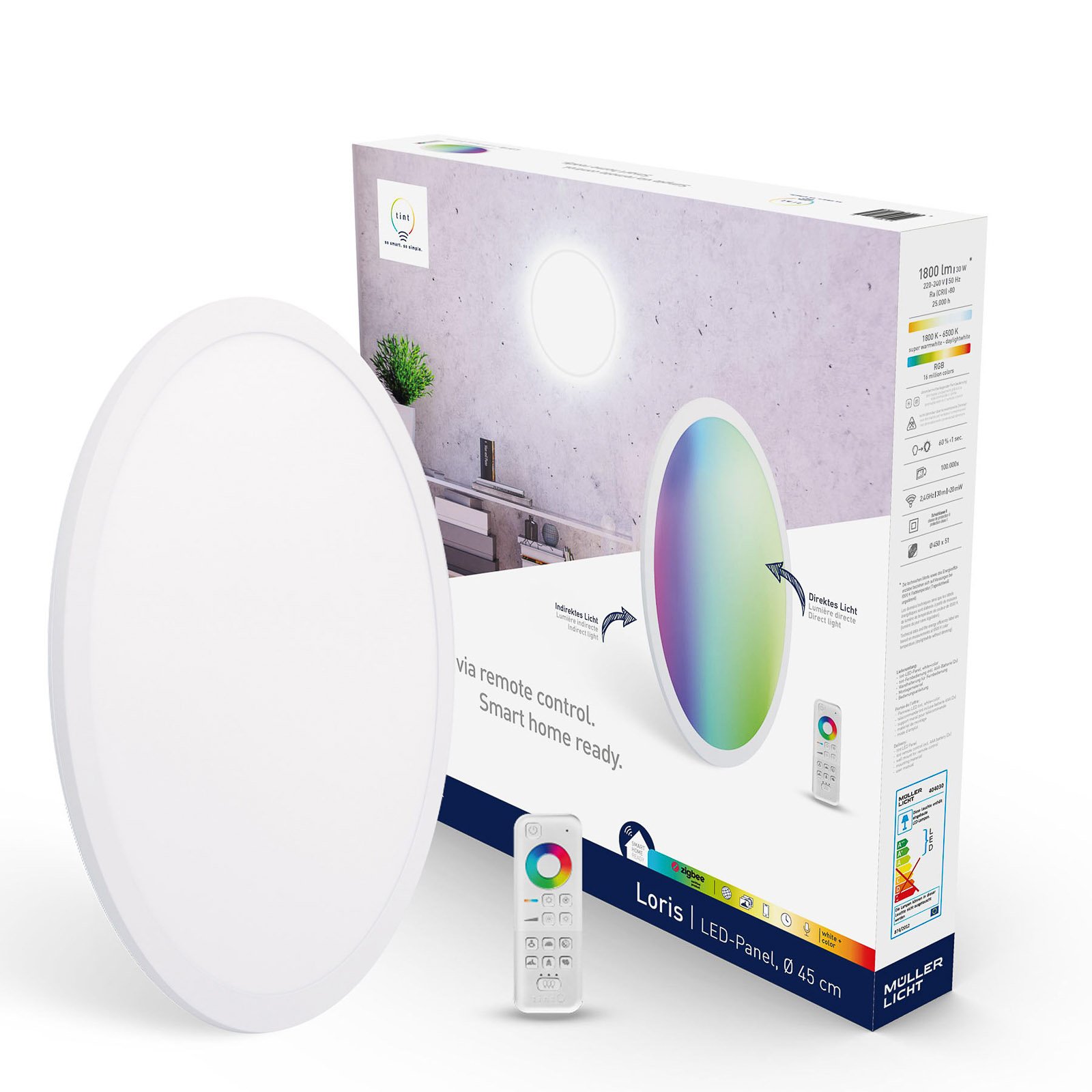 TINT Müller Licht tint Loris LED ceiling light, Ø 45 cm, for Living / Dining Room, aluminium, plastic, 30 W, energy efficiency: A+, H: 5.1 cm