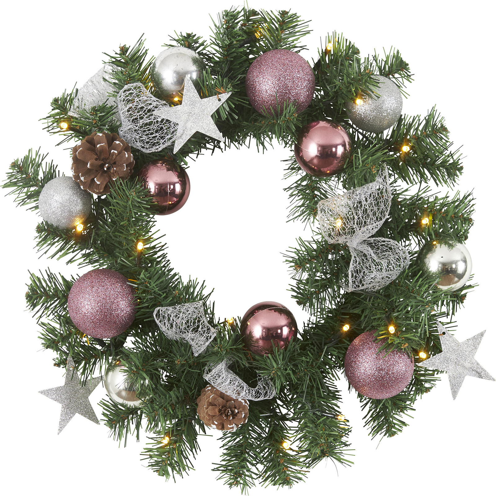 Noel LED fir wreath with silver/magenta decoration