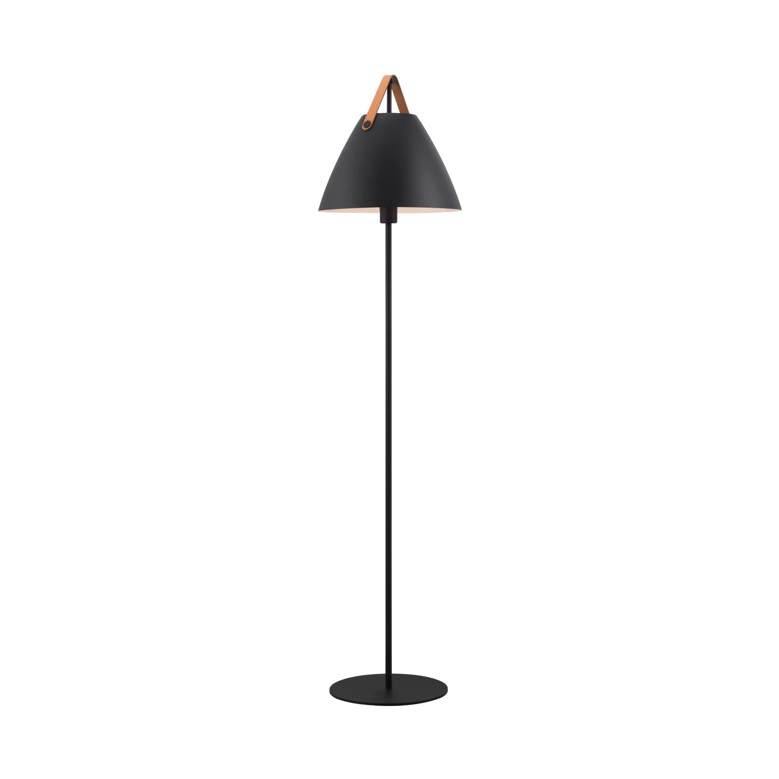 Stehlampe Strap aus Metall mit Lederband, schwarz