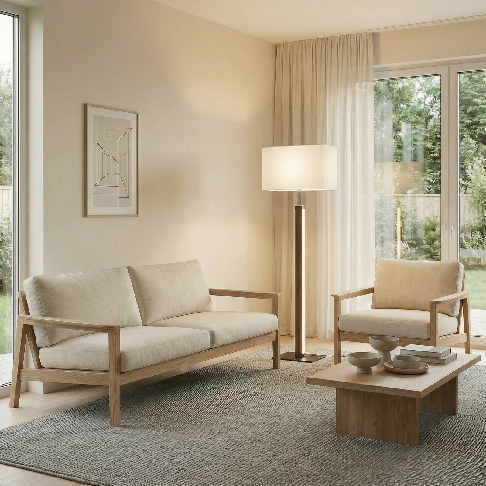 Quitani LED-gulvlampe Lisene, valnøtt/sølv/natur 162 cm, dimbar