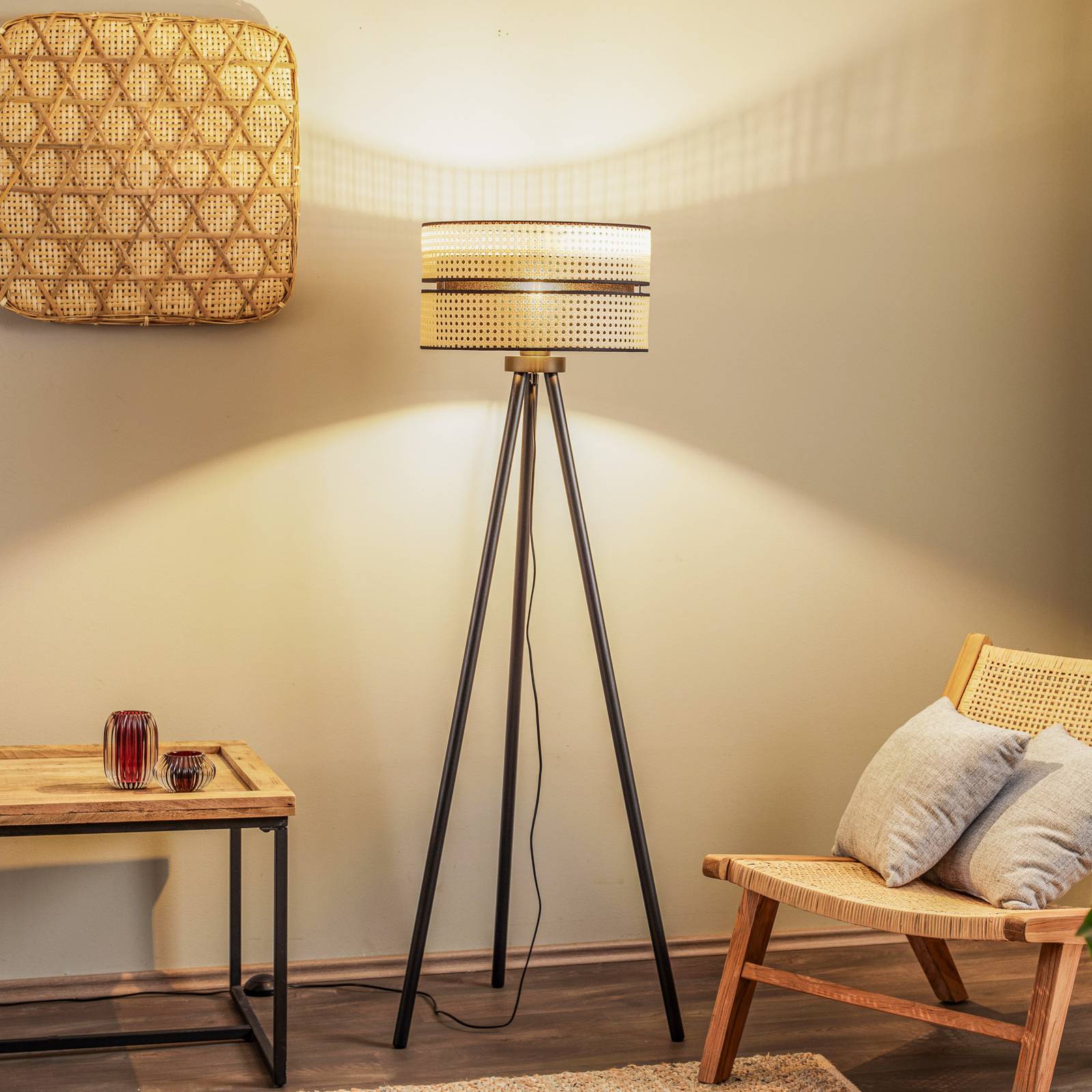 Lampa stojąca Duo rattan trójnóg beżowa/czarna