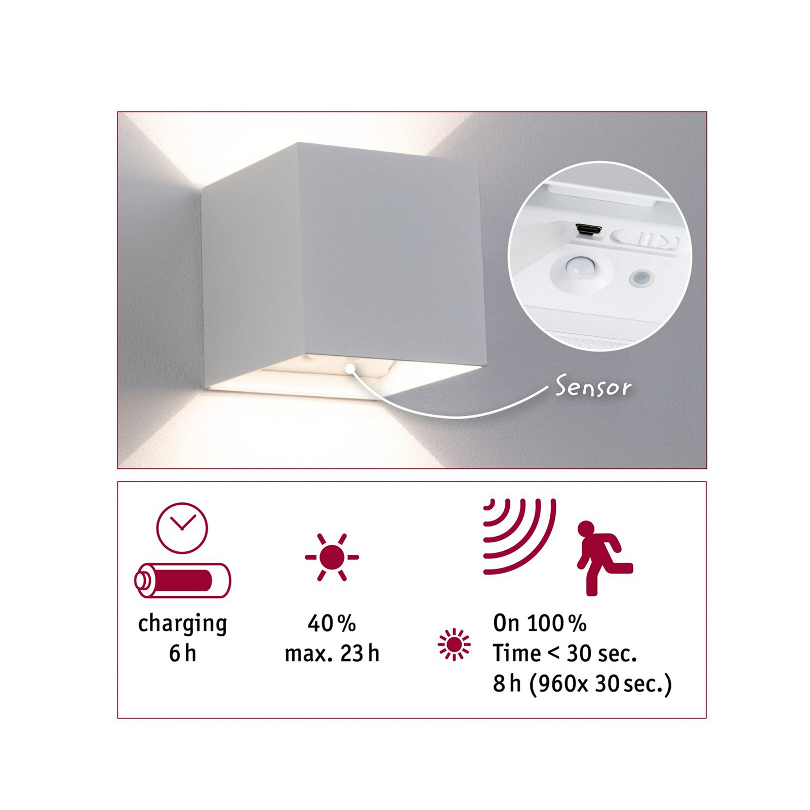 Paulmann Akku-Außenwandleuchte Nyara, weiß 10 cm Sensor IP44 Paulmann Akku-Außenwandleuchte Nyara, weiß 10 cm Sensor IP44