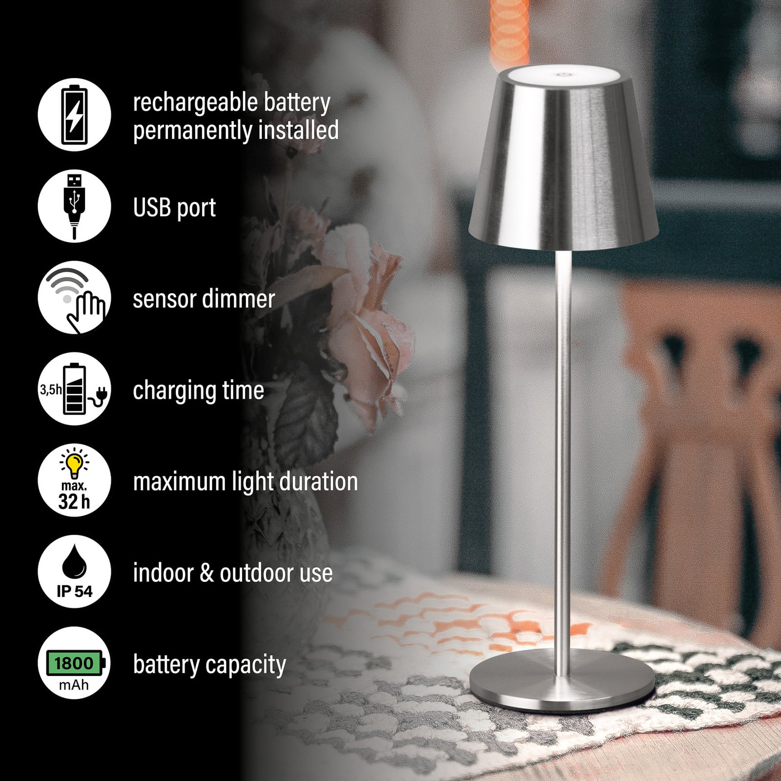 Lámpara de mesa LED recargable Viletto, color níquel, IP54