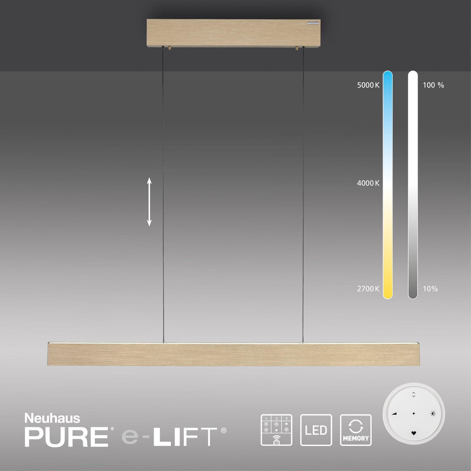 PURE E-Motion LED-Balken-Pendelleuchte, CCT, gold