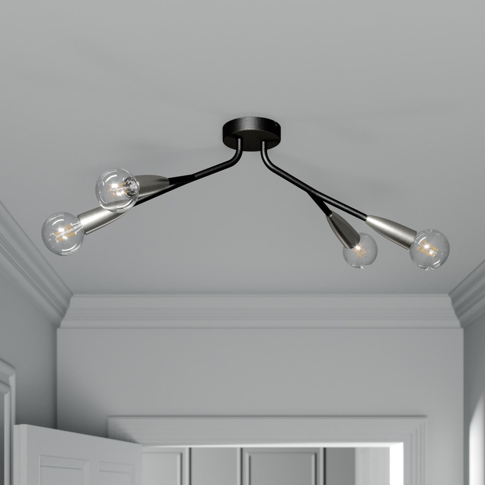 Lucande Carlea plafondlamp, 4-lamps zwart-nikkel