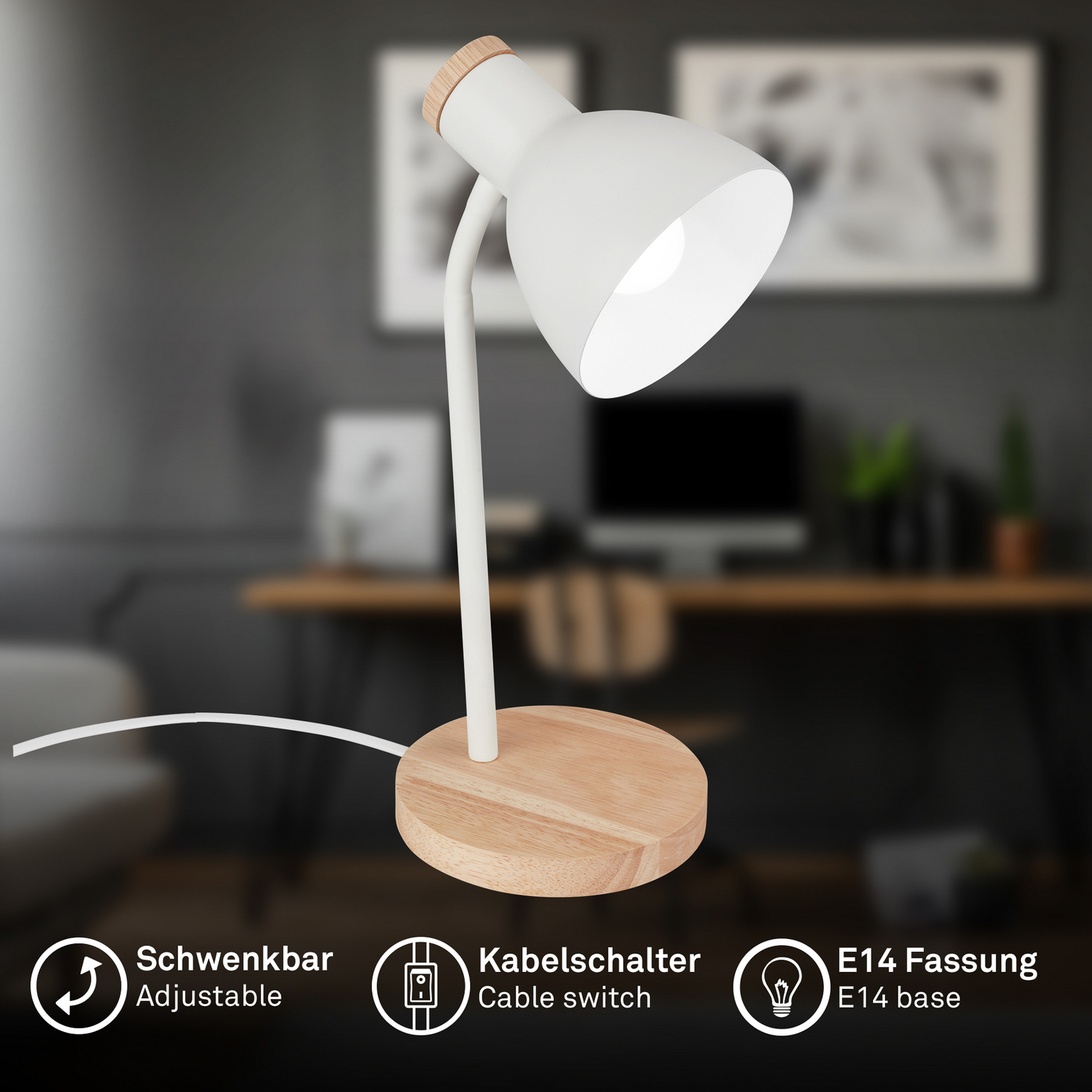 Lampa de masă Prep, albă, metal, lemn, E14