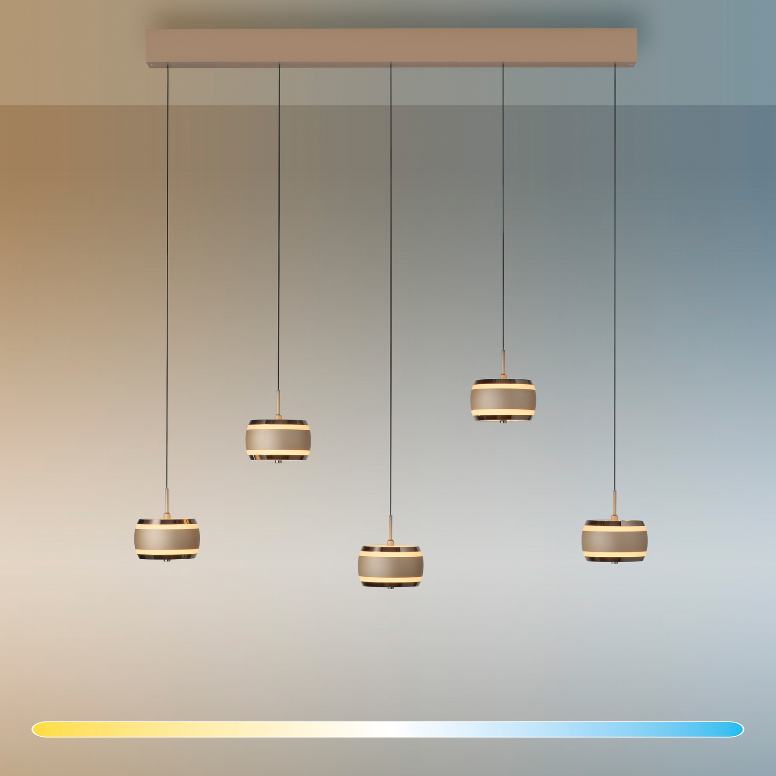 PURE LED-Hängelampe Falling Rings, bronze Länge 101 cm 5-fl.