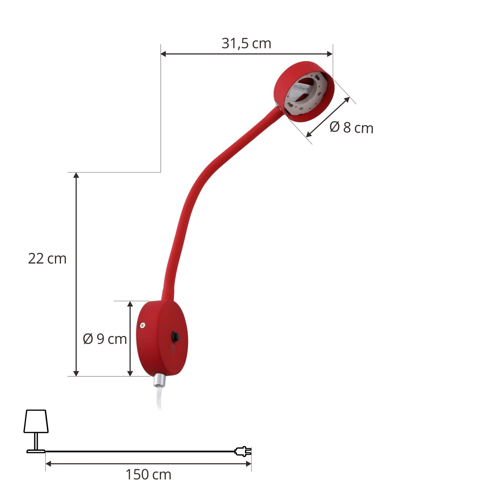 Стенна лампа Lindby Jyla червена/черна леща 3000 K GX53 гъвкаво рамо