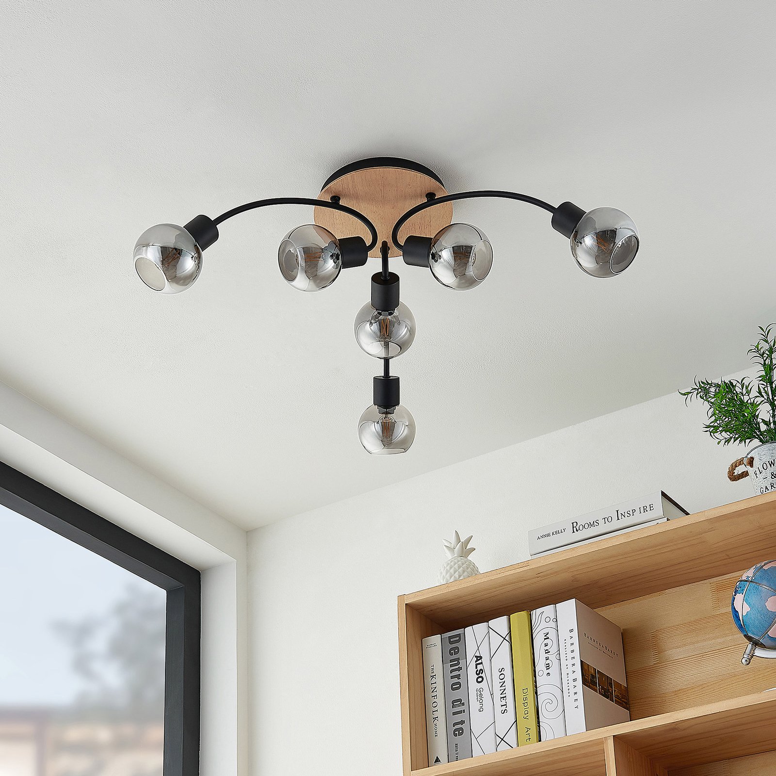 Eridia 6 Round Plafondlamp Black/Wood - Lindby