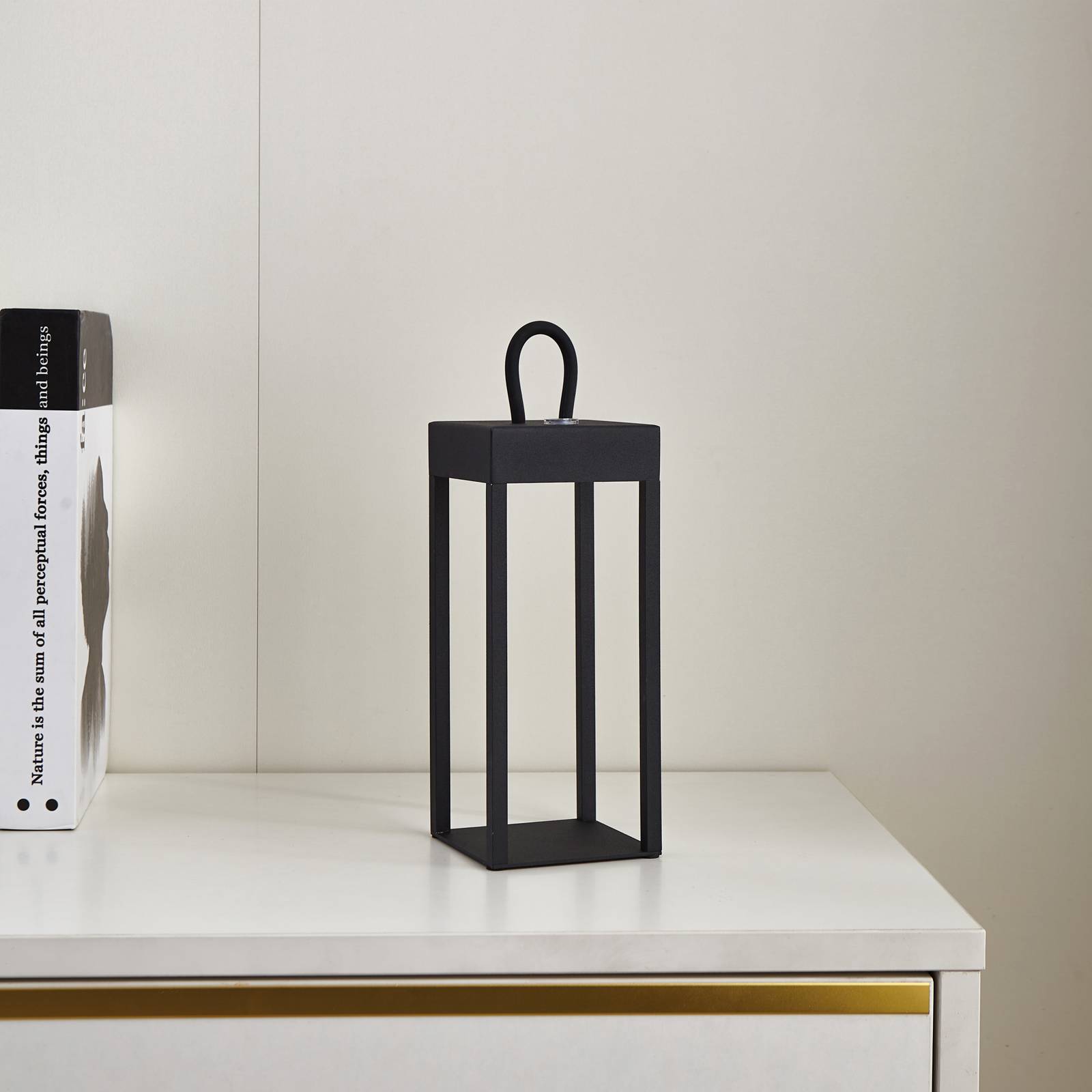 Lindby LED ładowalna lampa stołowa Iruna, czarny, metal, 27 cm, ściemniany.